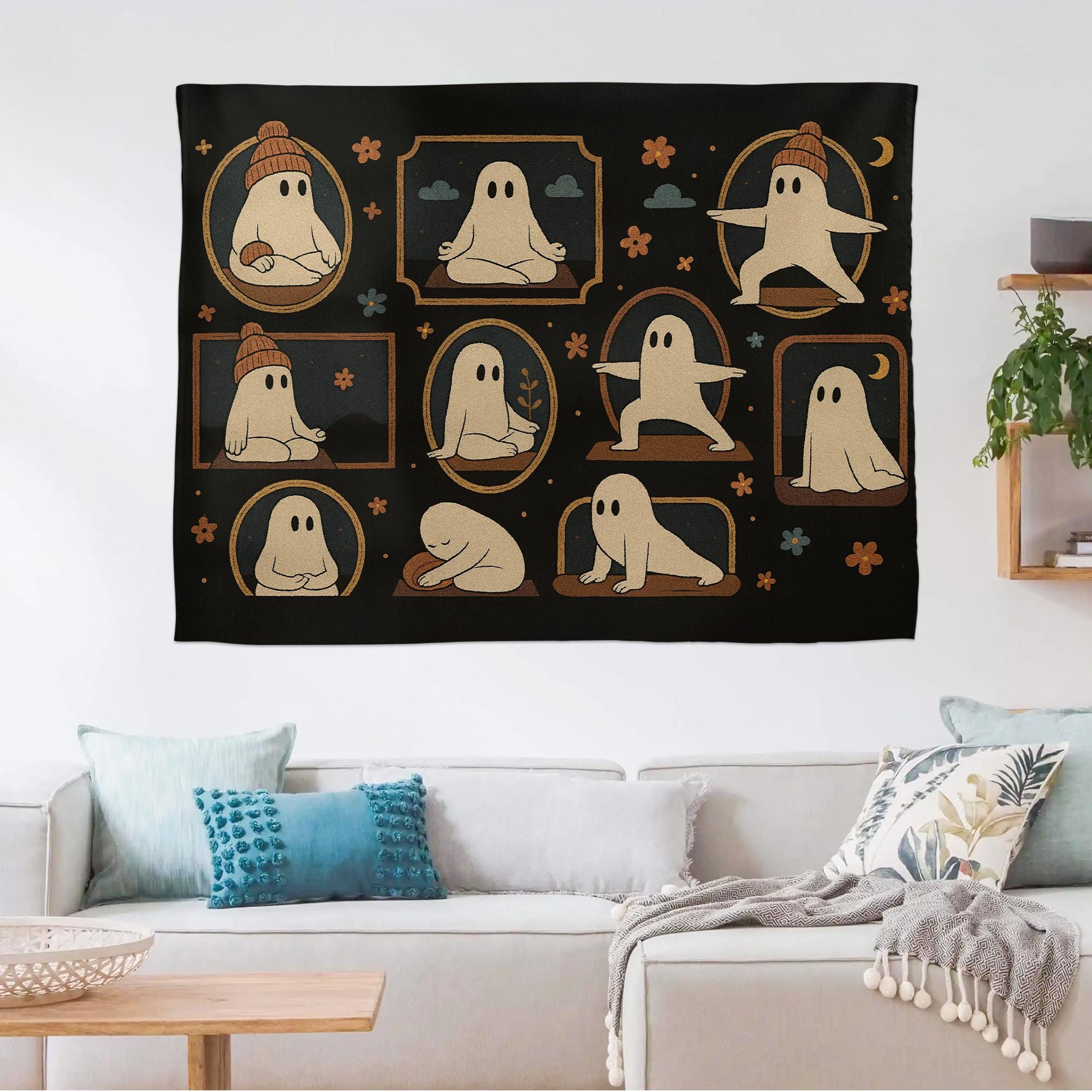 Halloween Yoga Ghost Tapestry – Spooky Witchy Wall Hanging – Gothic Boho Home Decor for Yoga Lovers & Halloween Aesthetic