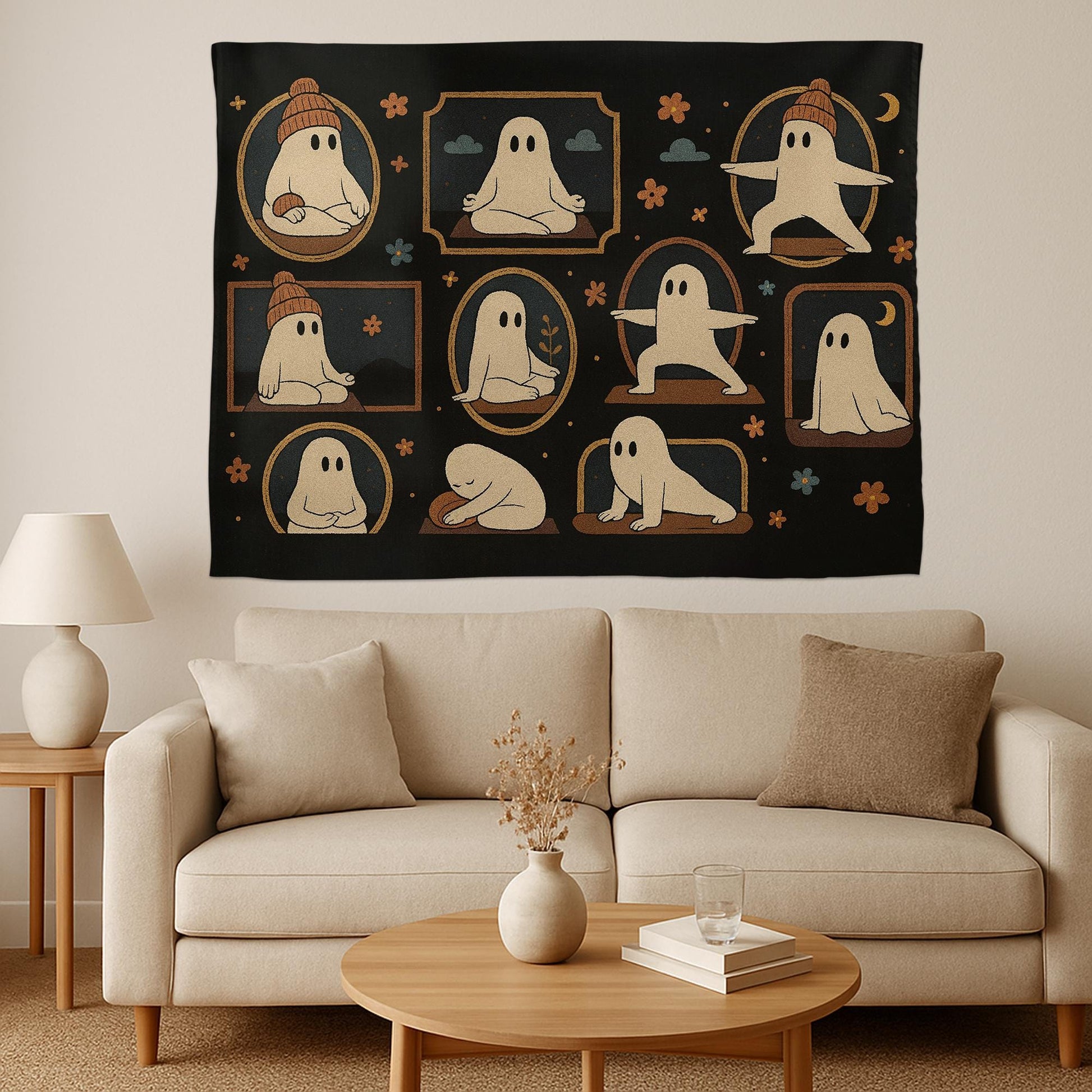 Halloween Yoga Ghost Tapestry – Spooky Witchy Wall Hanging – Gothic Boho Home Decor for Yoga Lovers & Halloween Aesthetic