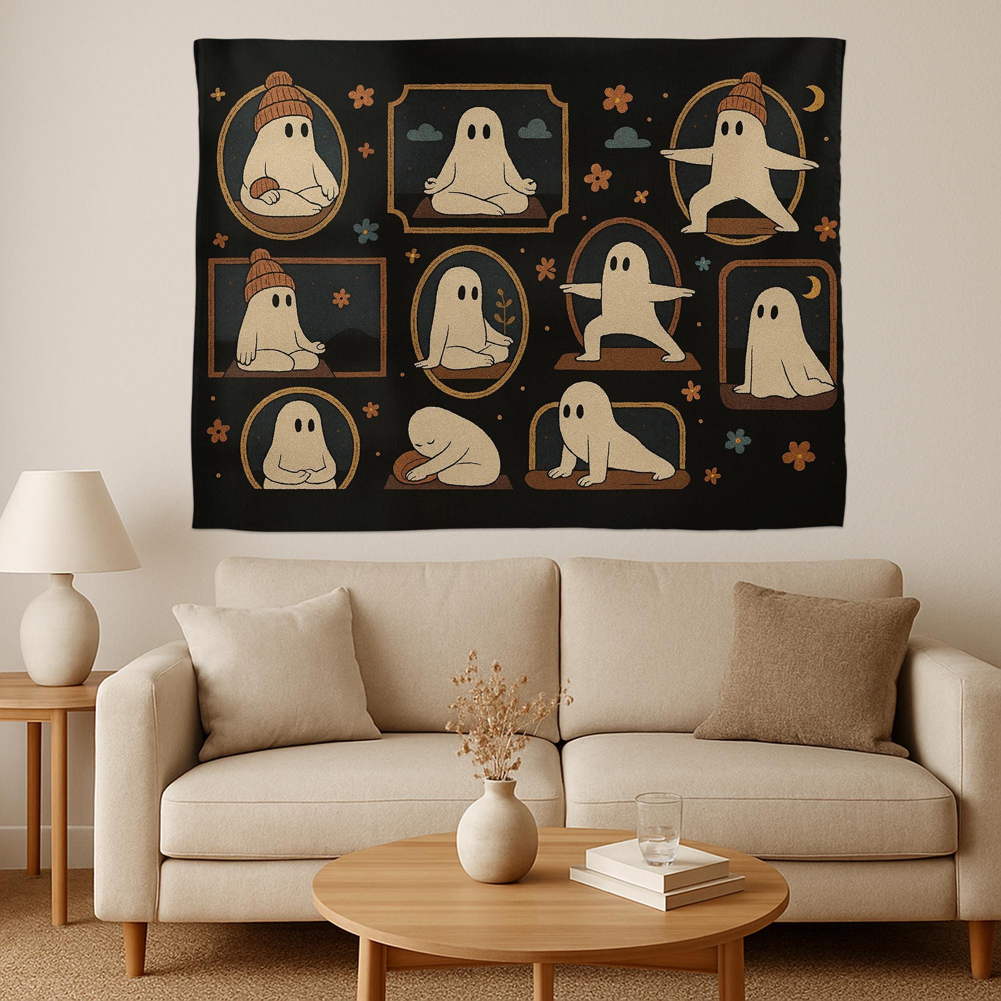 Halloween Yoga Ghost Tapestry – Spooky Witchy Wall Hanging – Gothic Boho Home Decor for Yoga Lovers & Halloween Aesthetic