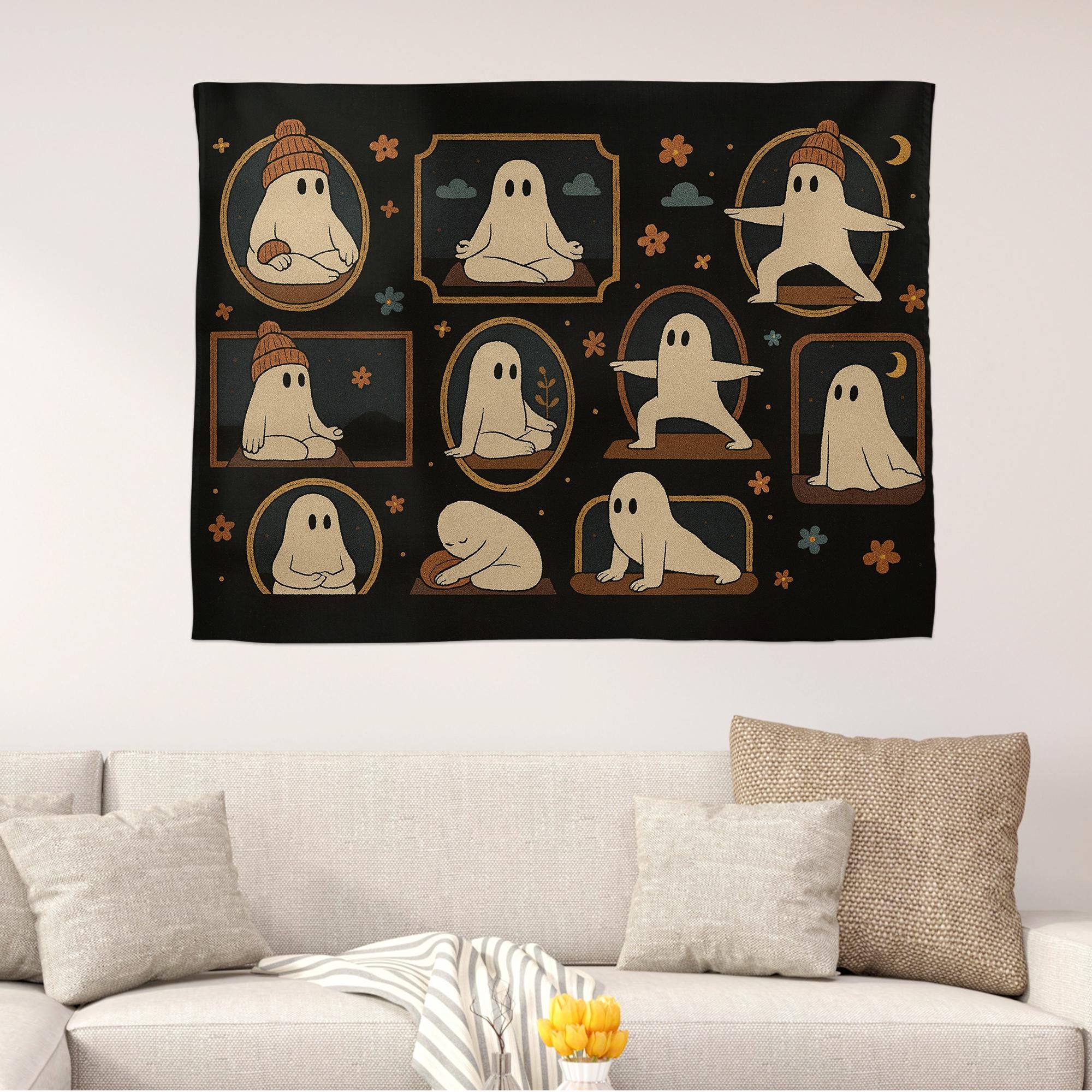 Halloween Yoga Ghost Tapestry – Spooky Witchy Wall Hanging – Gothic Boho Home Decor for Yoga Lovers & Halloween Aesthetic