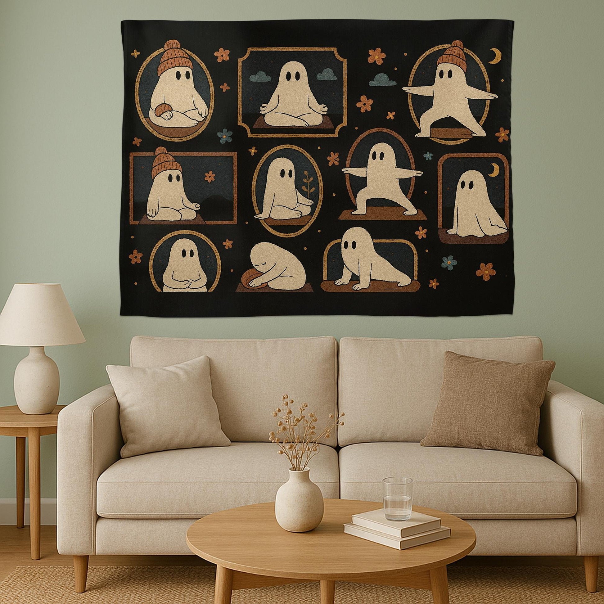 Halloween Yoga Ghost Tapestry – Spooky Witchy Wall Hanging – Gothic Boho Home Decor for Yoga Lovers & Halloween Aesthetic