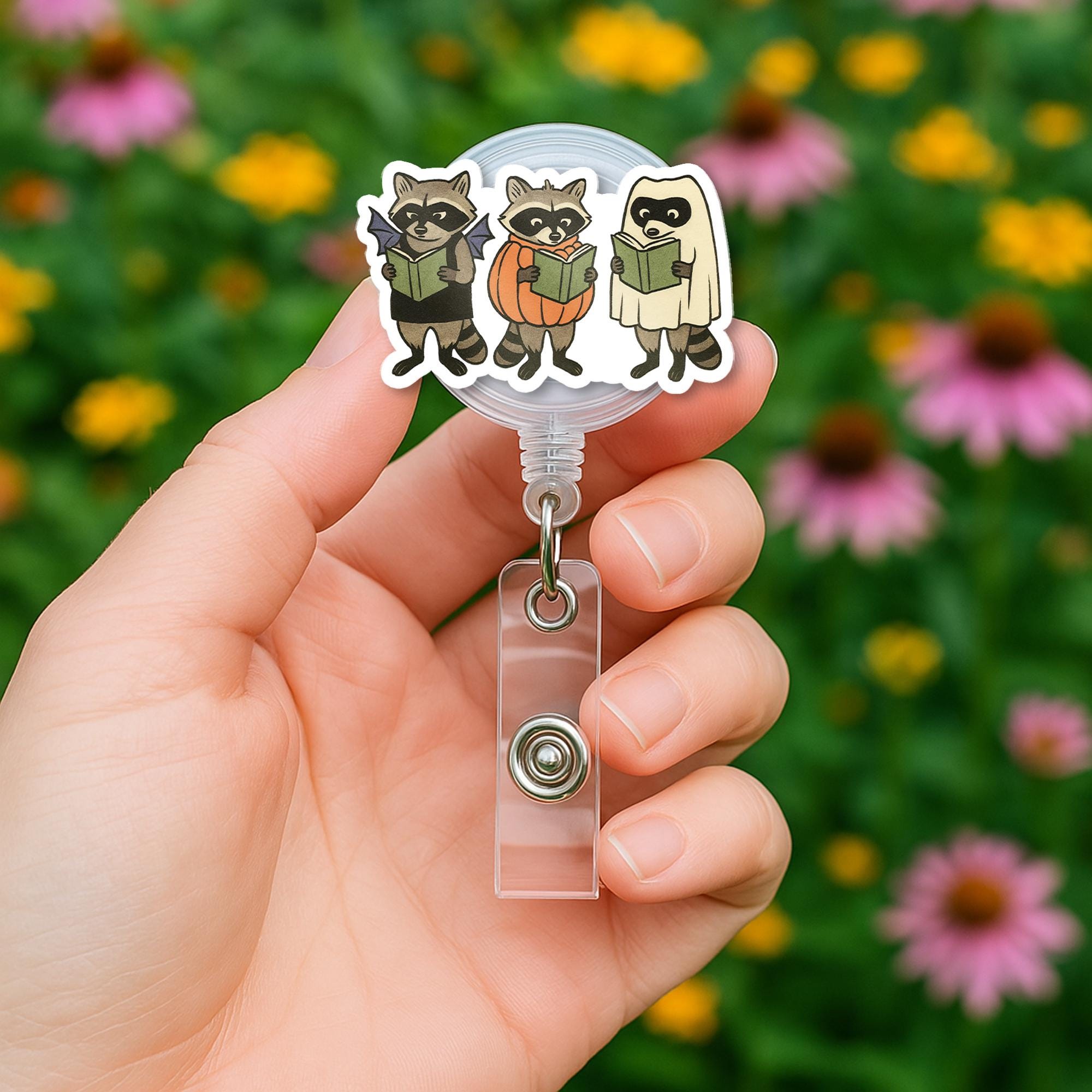 Halloween Raccoon Badge Reel – Cute Spooky Retractable ID Holder – Nurse Teacher Office Badge Clip for Fall & Book Lovers