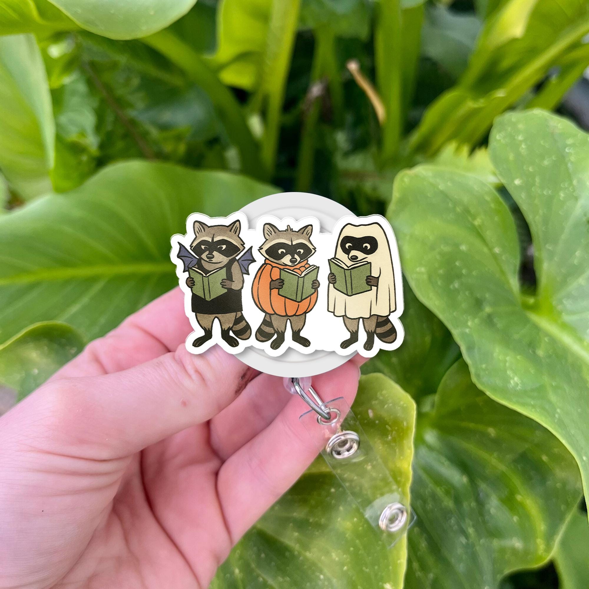 Halloween Raccoon Badge Reel – Cute Spooky Retractable ID Holder – Nurse Teacher Office Badge Clip for Fall & Book Lovers