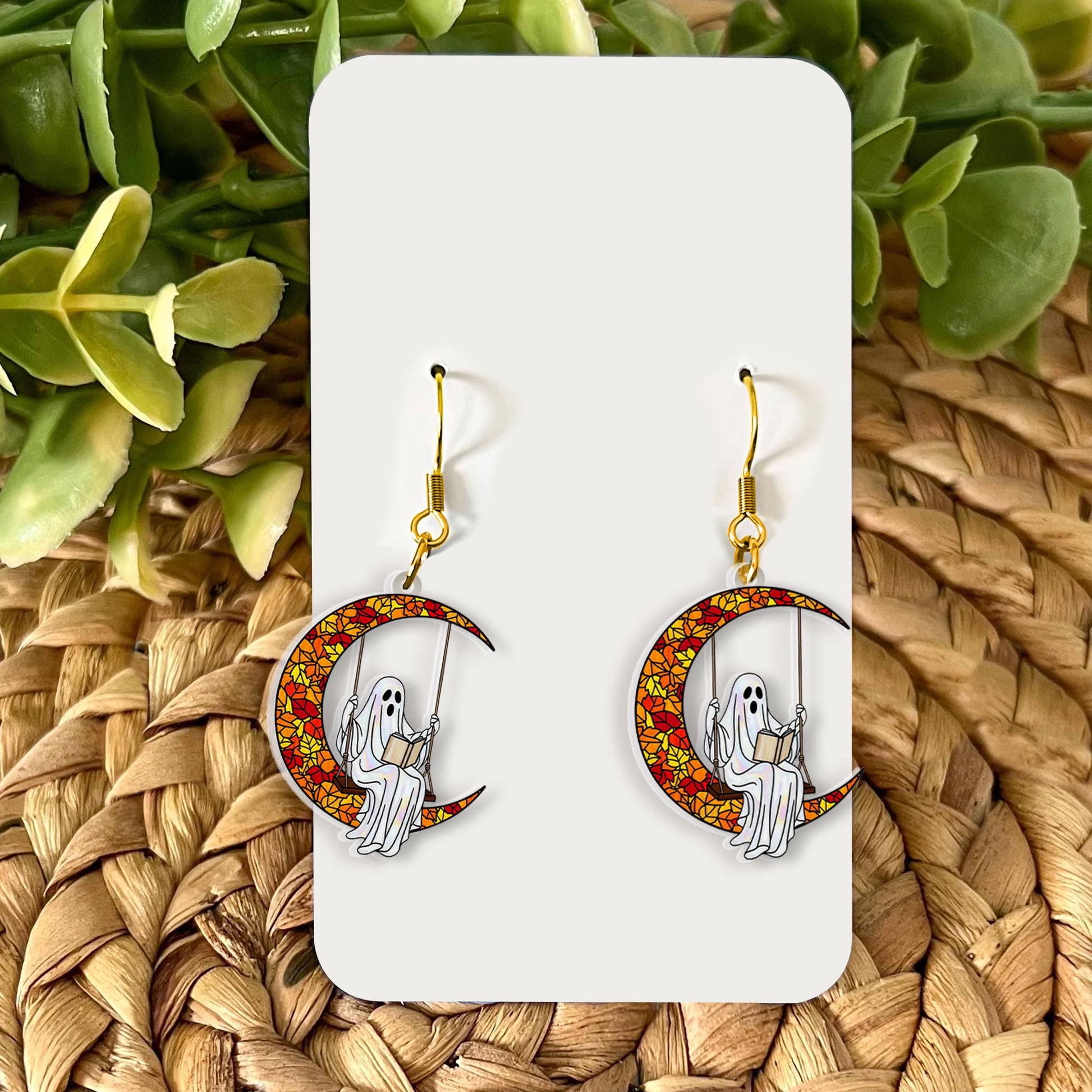 Bookish Ghost Earrings – Crescent Moon Swing Halloween Jewelry – Spooky Cute Book Lover Gift – Witchy Fall Earrings