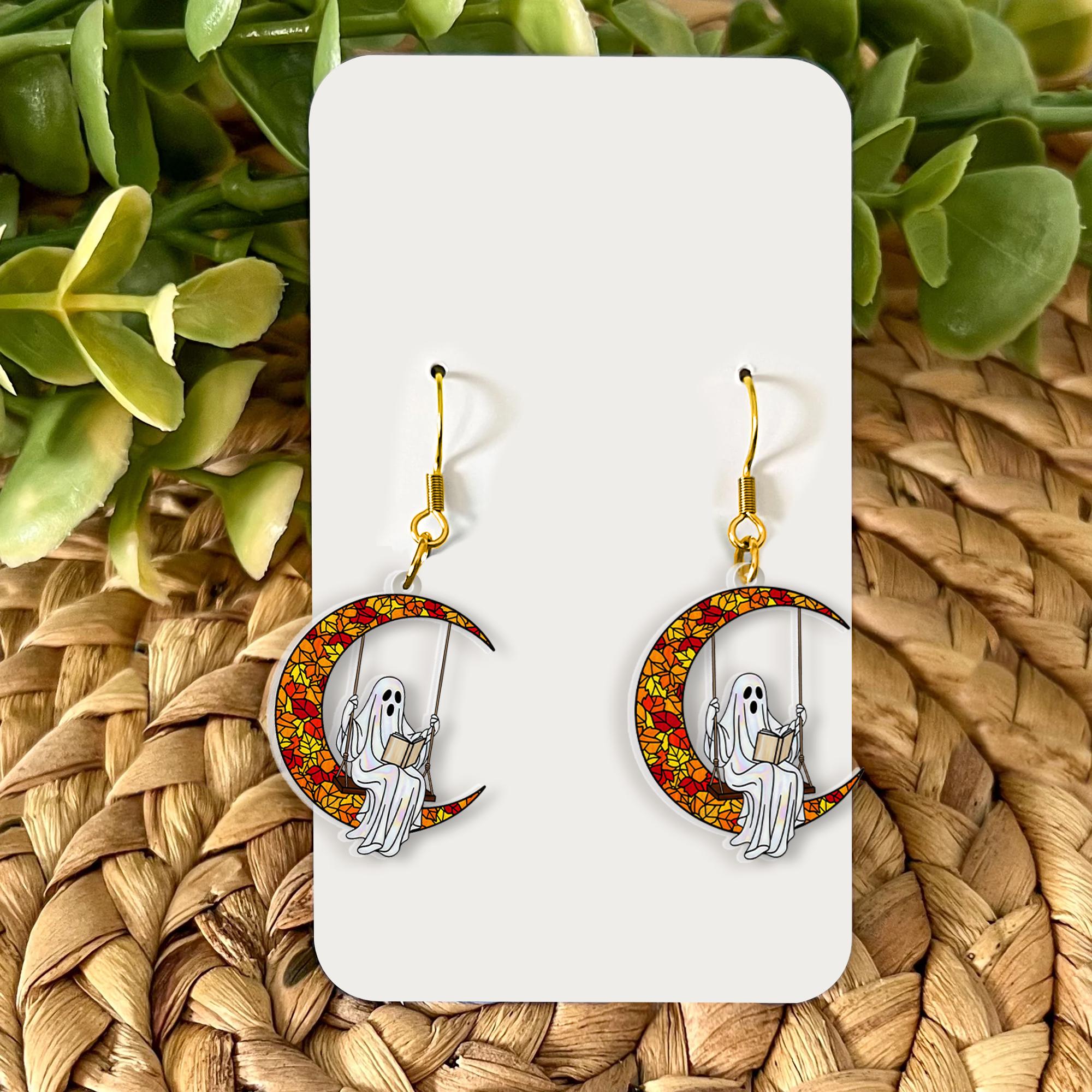Bookish Ghost Earrings – Crescent Moon Swing Halloween Jewelry – Spooky Cute Book Lover Gift – Witchy Fall Earrings