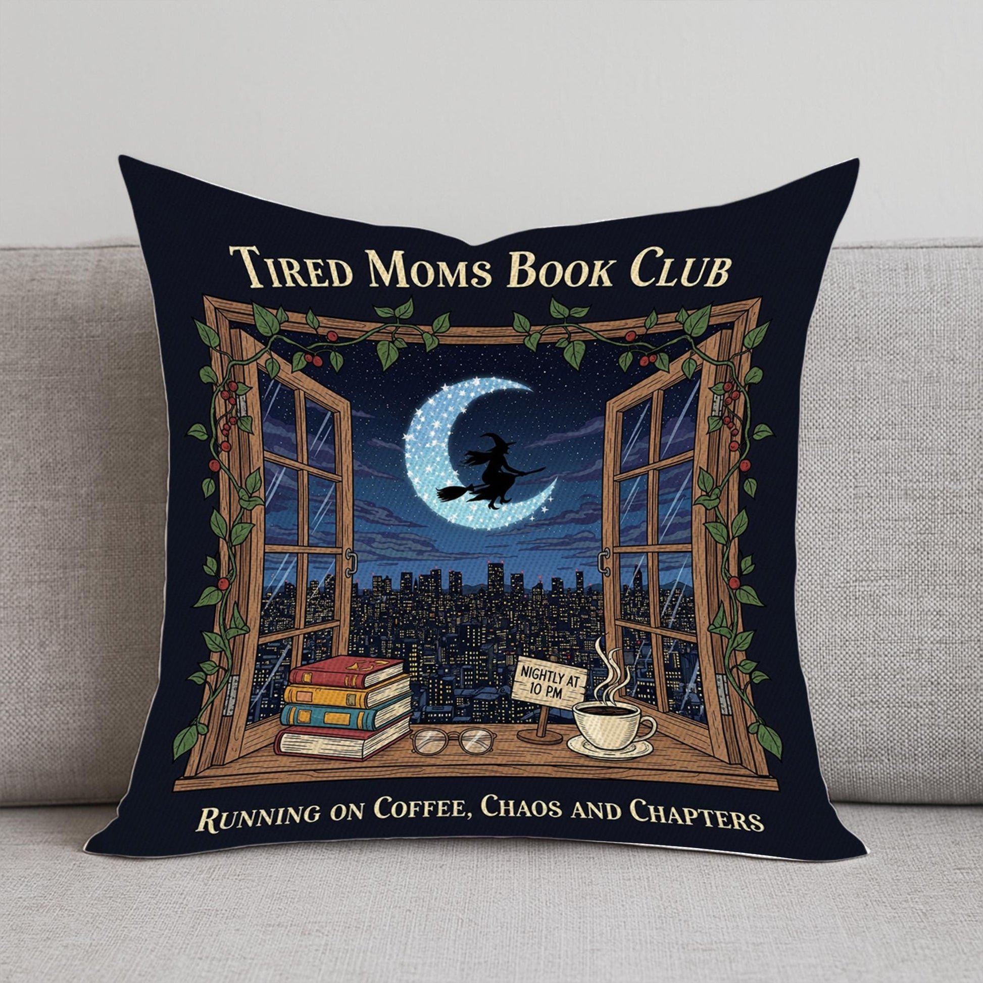 Tired Moms Book Club Pillow | Funny Reading Gift for Moms | Coffee Chaos Chapters Cushion | Witch Book Lover Decor
