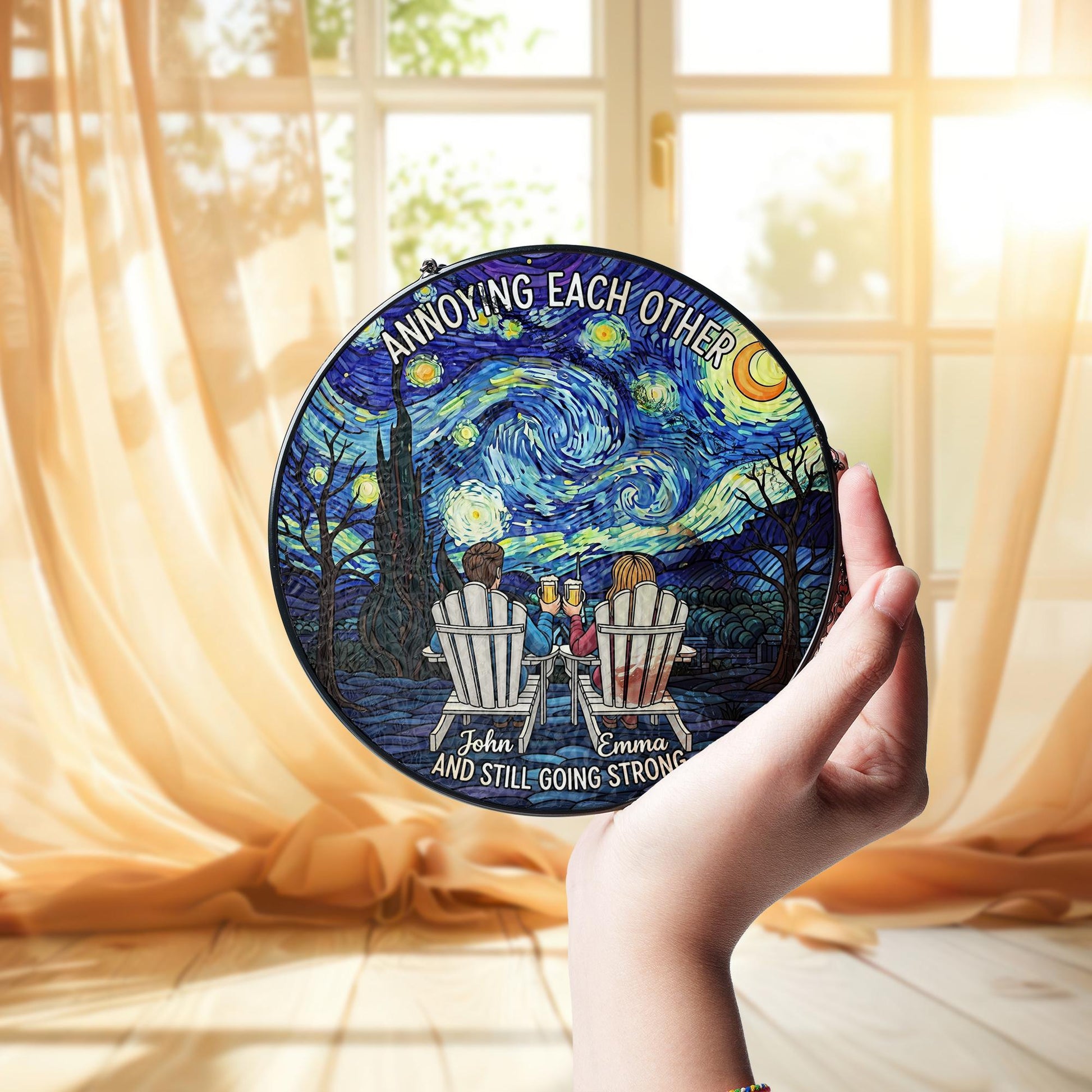 Funny Couple Suncatcher | Annoying Each Other Starry Night Faux Glass | Personalized Romantic Gift for Him Her Anniversary Decor