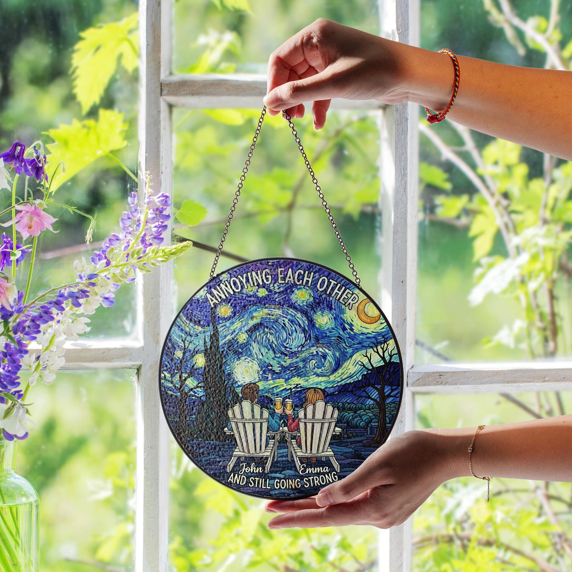 Funny Couple Suncatcher | Annoying Each Other Starry Night Faux Glass | Personalized Romantic Gift for Him Her Anniversary Decor