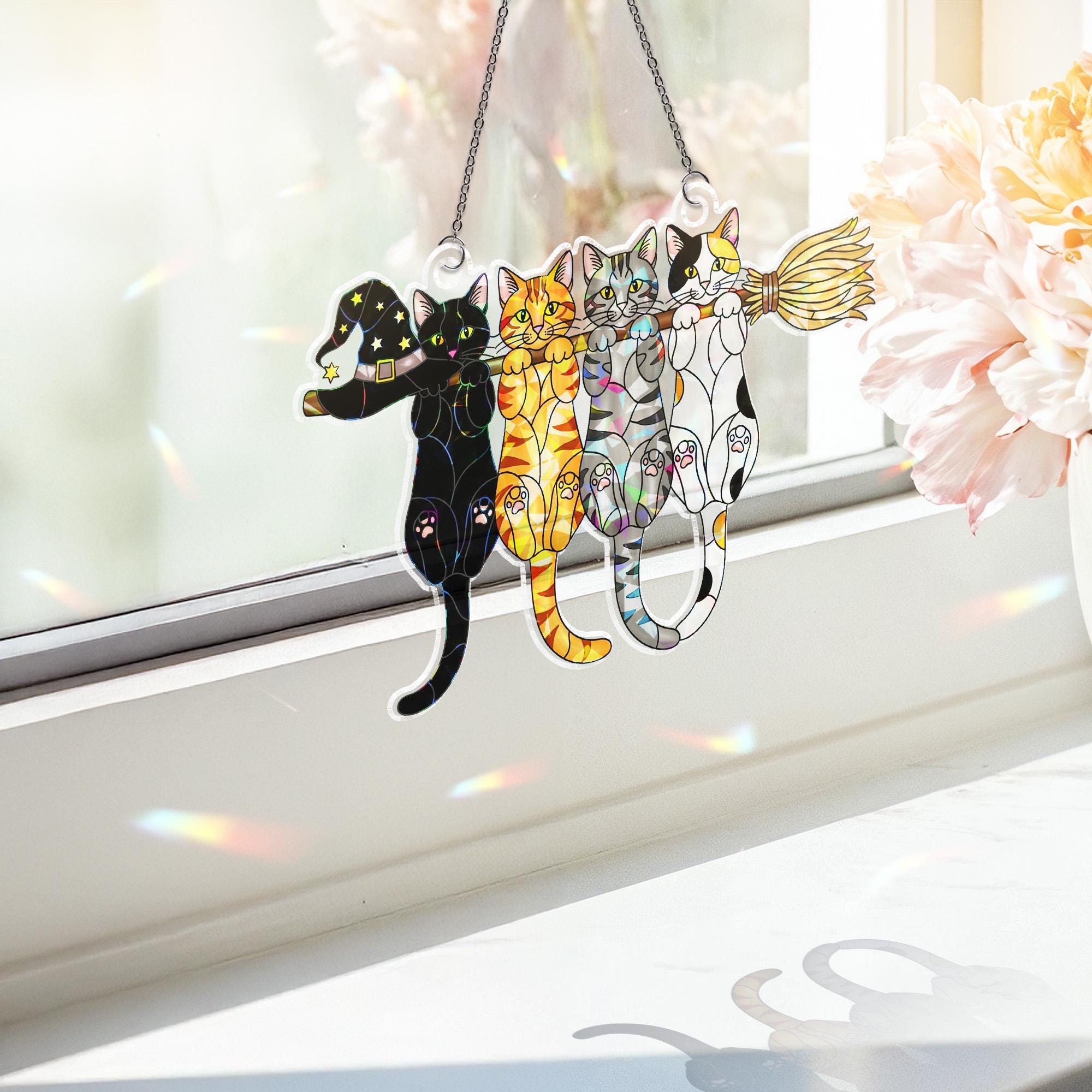 Cat Suncatcher – Holographic Acrylic Witch Hat Broom Window Hanging Decor