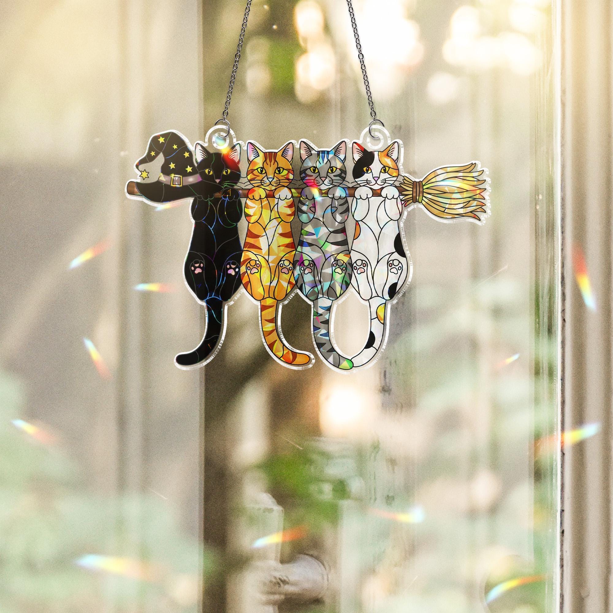 Cat Suncatcher – Holographic Acrylic Witch Hat Broom Window Hanging Decor