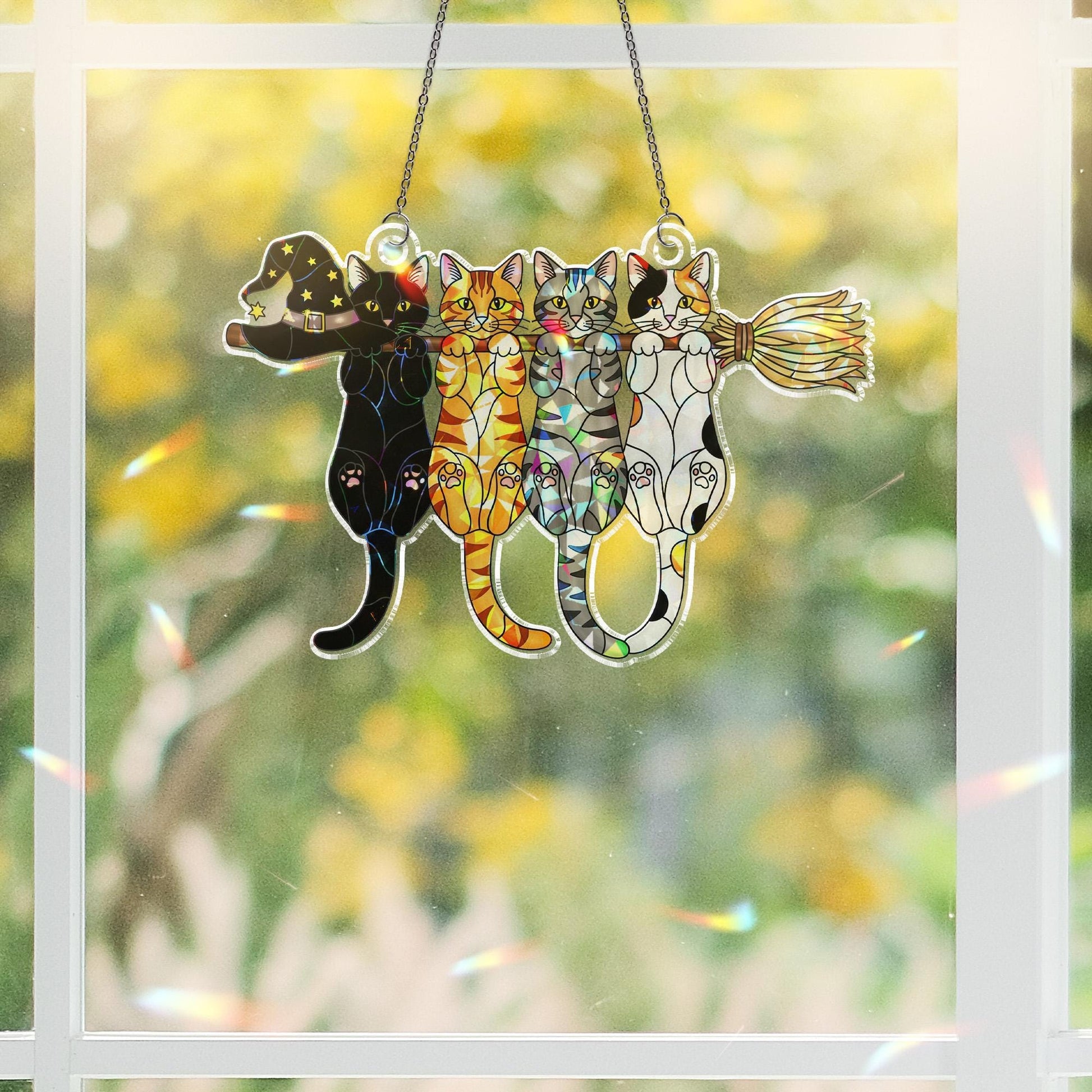 Cat Suncatcher – Holographic Acrylic Witch Hat Broom Window Hanging Decor