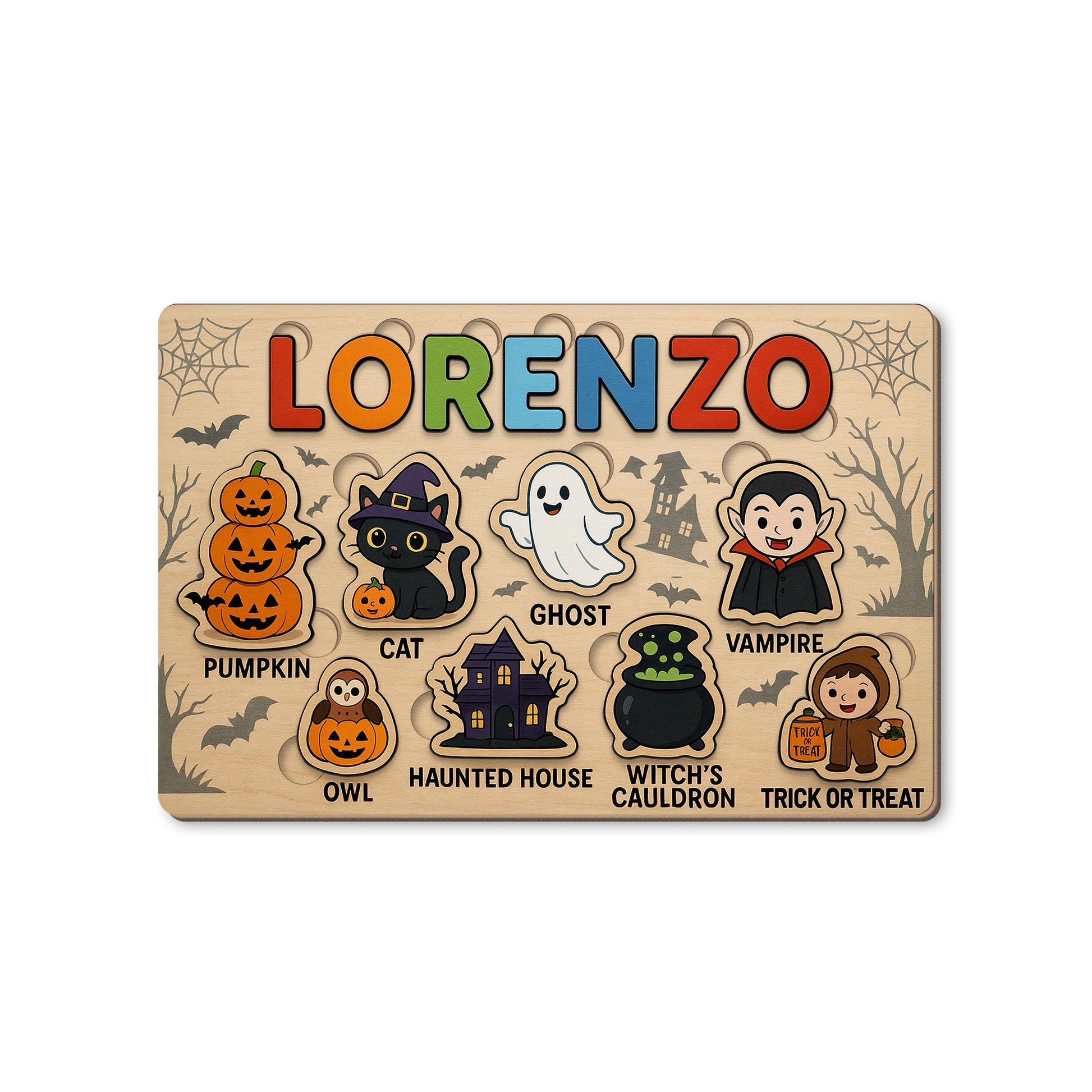 Personalized Halloween Wooden Puzzle for Kids, Custom Name Montessori Toy, Toddler Learning Gift, Educational Spooky Play