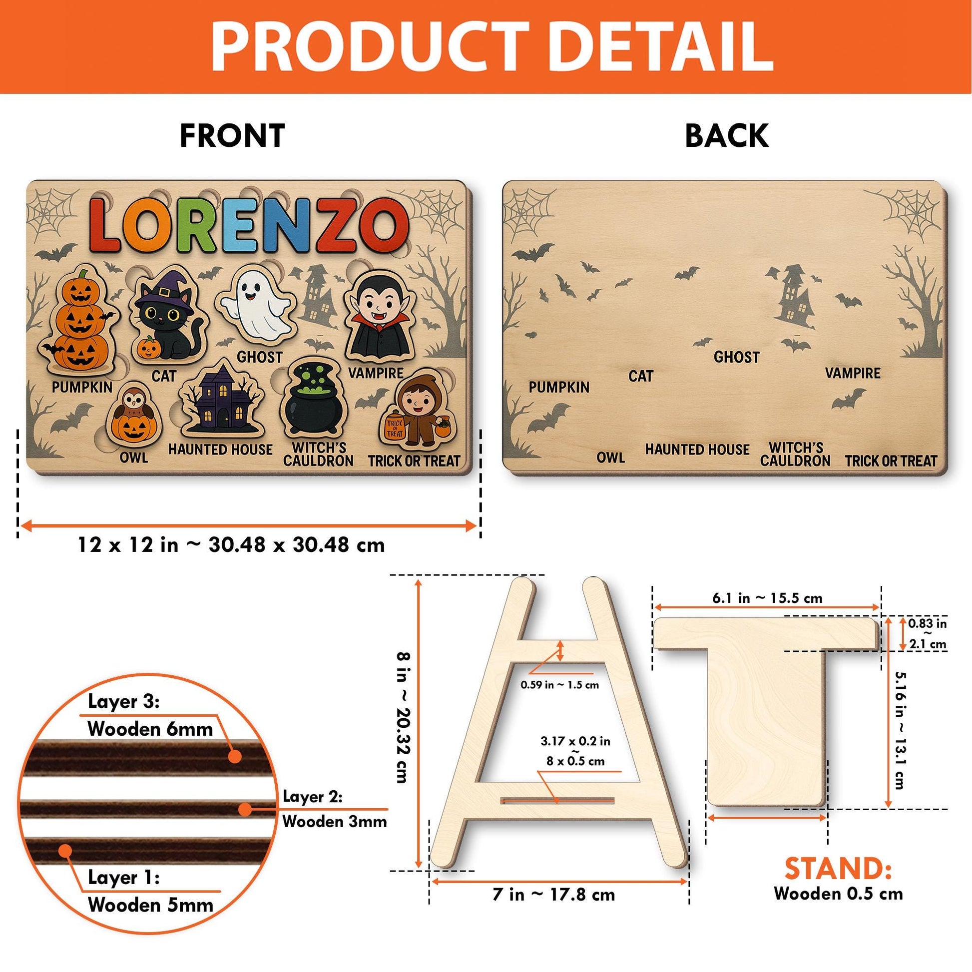 Personalized Halloween Wooden Puzzle for Kids, Custom Name Montessori Toy, Toddler Learning Gift, Educational Spooky Play