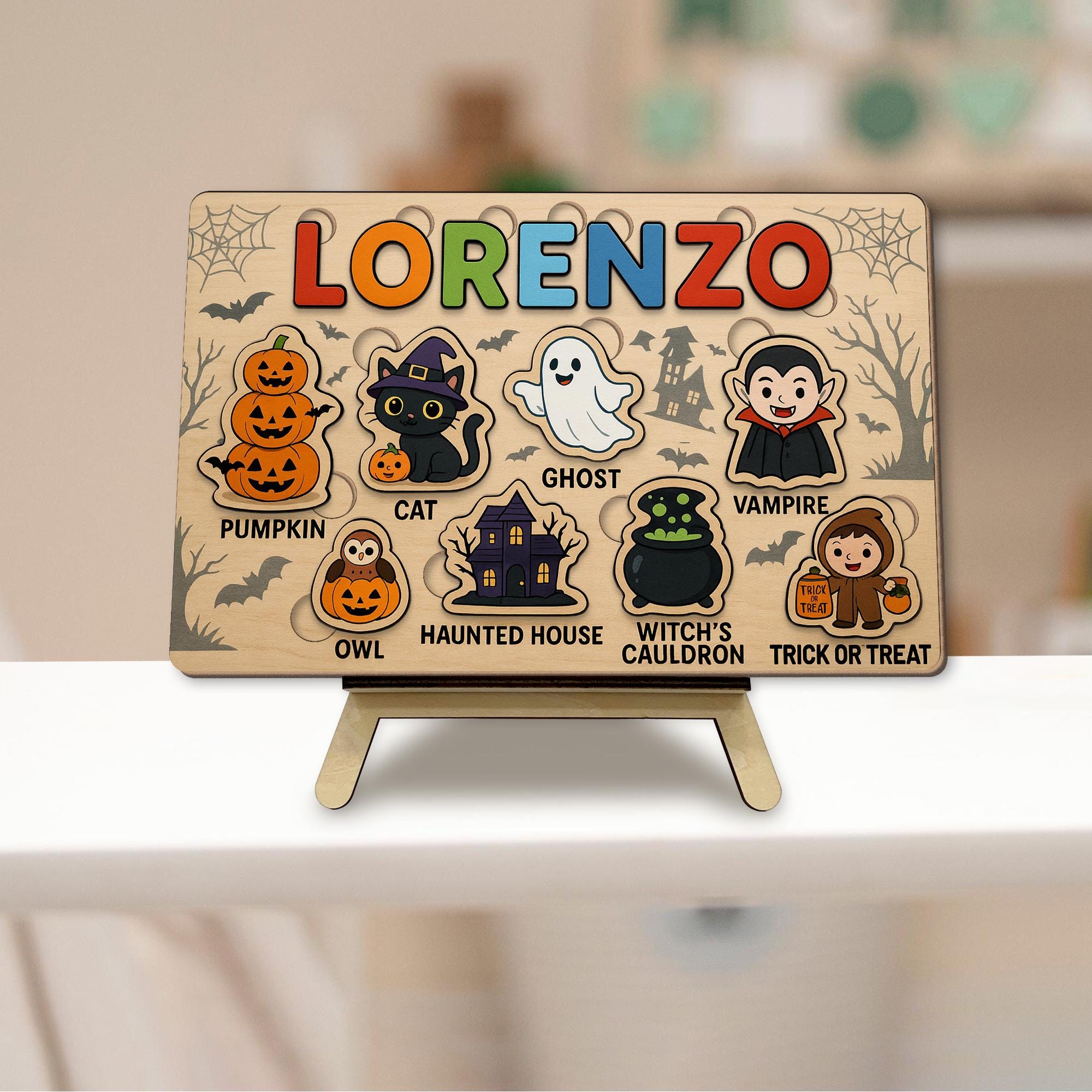 Personalized Halloween Wooden Puzzle for Kids, Custom Name Montessori Toy, Toddler Learning Gift, Educational Spooky Play