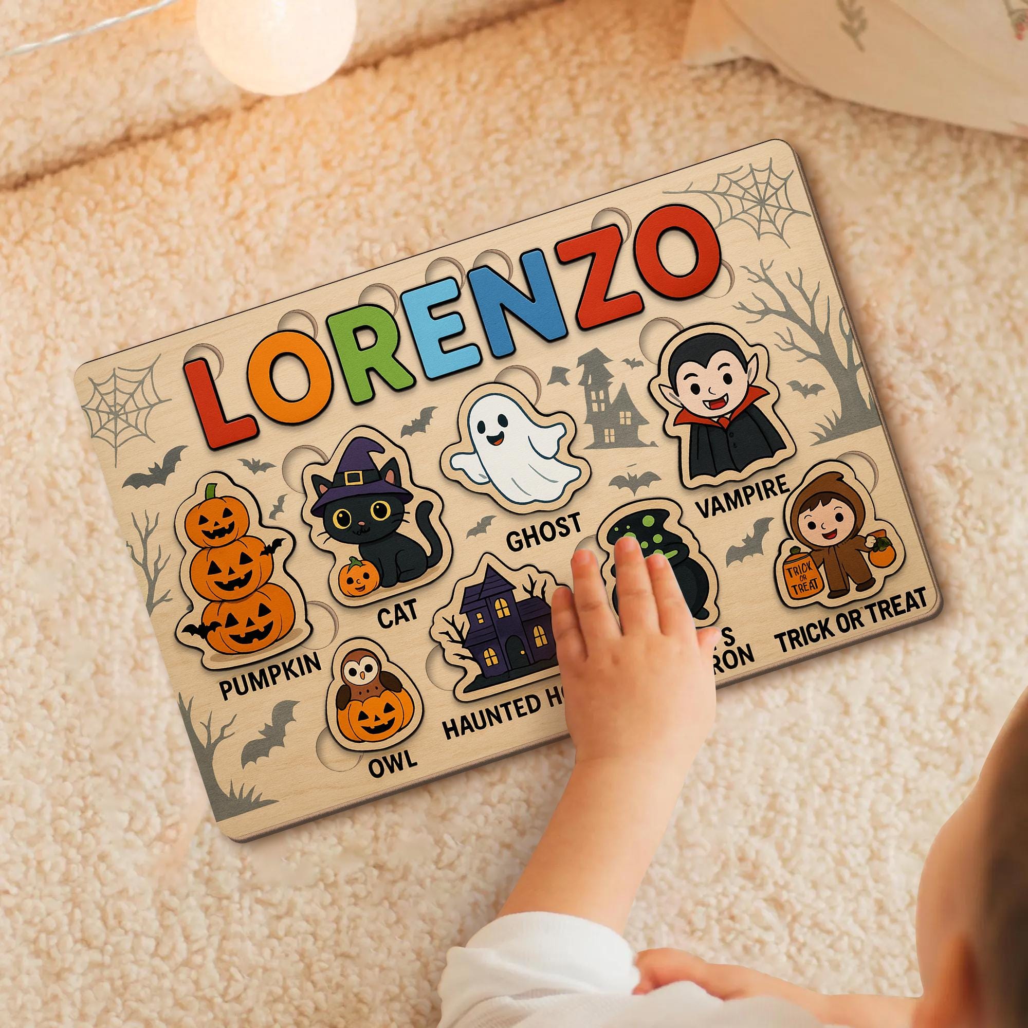 Personalized Halloween Wooden Puzzle for Kids, Custom Name Montessori Toy, Toddler Learning Gift, Educational Spooky Play