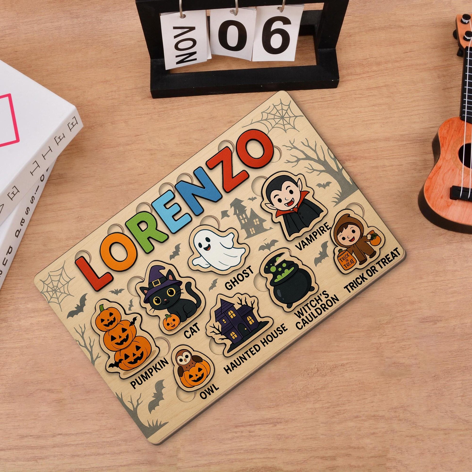 Personalized Halloween Wooden Puzzle for Kids, Custom Name Montessori Toy, Toddler Learning Gift, Educational Spooky Play