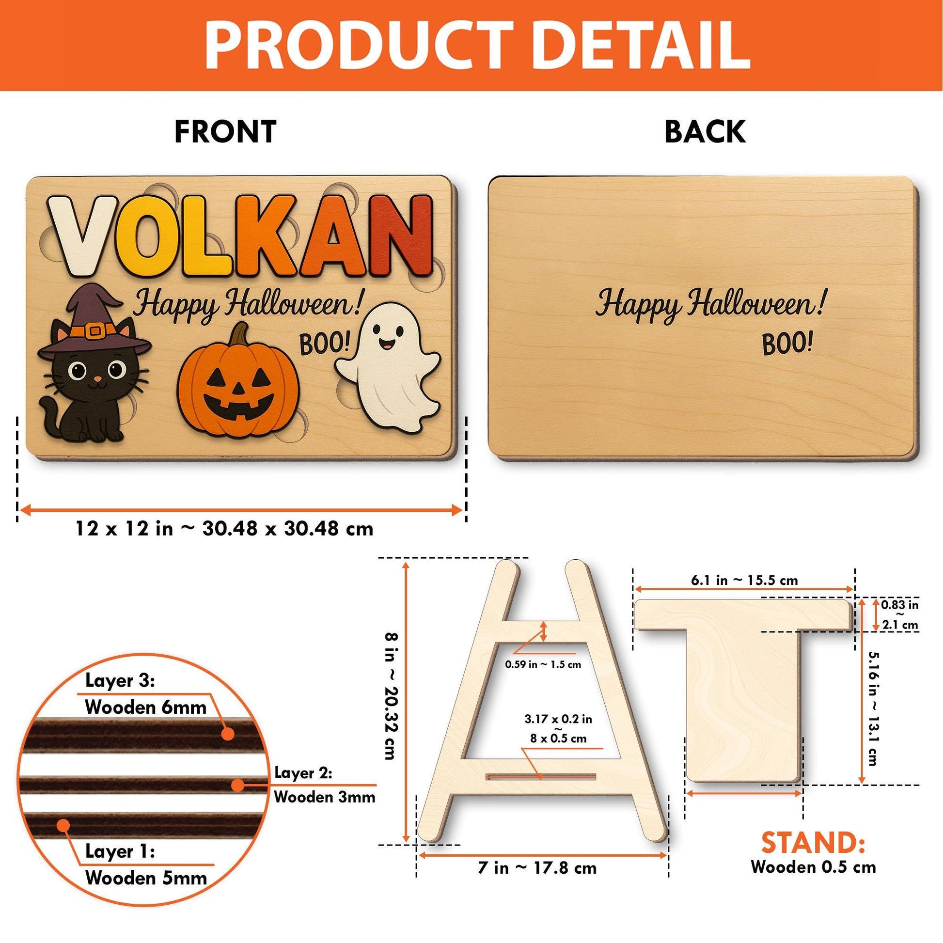 Personalized Halloween Wooden Puzzle for Kids, Custom Name Toddler Toy, Montessori Learning Gift, Pumpkin Cat Ghost Puzzle