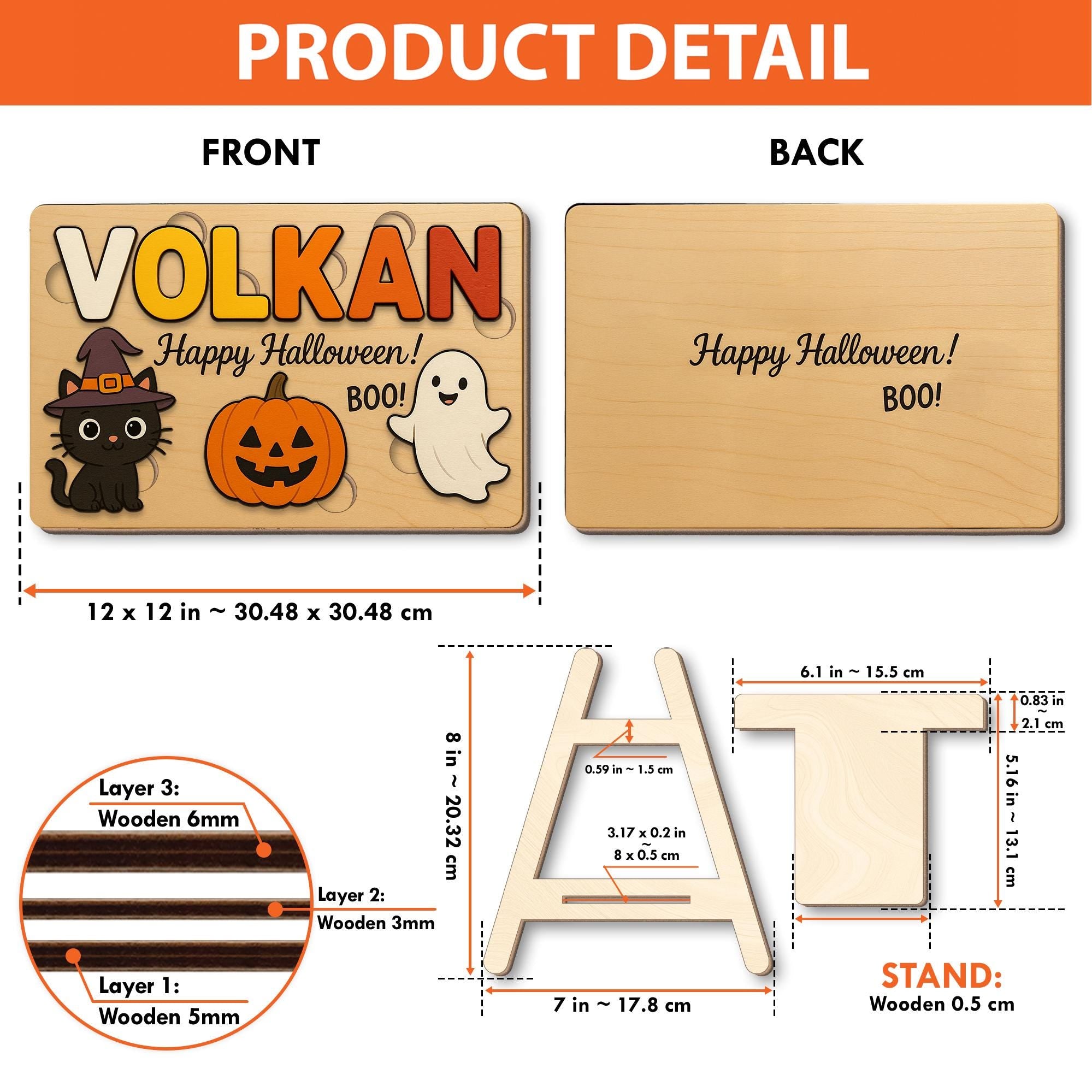 Personalized Halloween Wooden Puzzle for Kids, Custom Name Toddler Toy, Montessori Learning Gift, Pumpkin Cat Ghost Puzzle