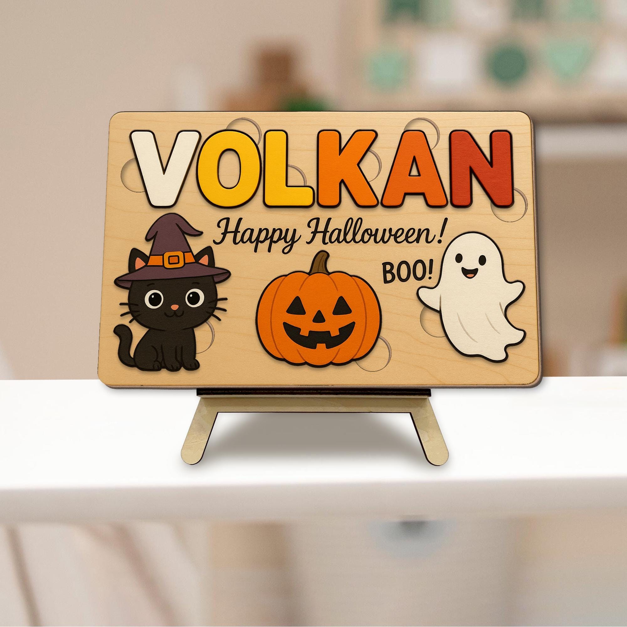 Personalized Halloween Wooden Puzzle for Kids, Custom Name Toddler Toy, Montessori Learning Gift, Pumpkin Cat Ghost Puzzle