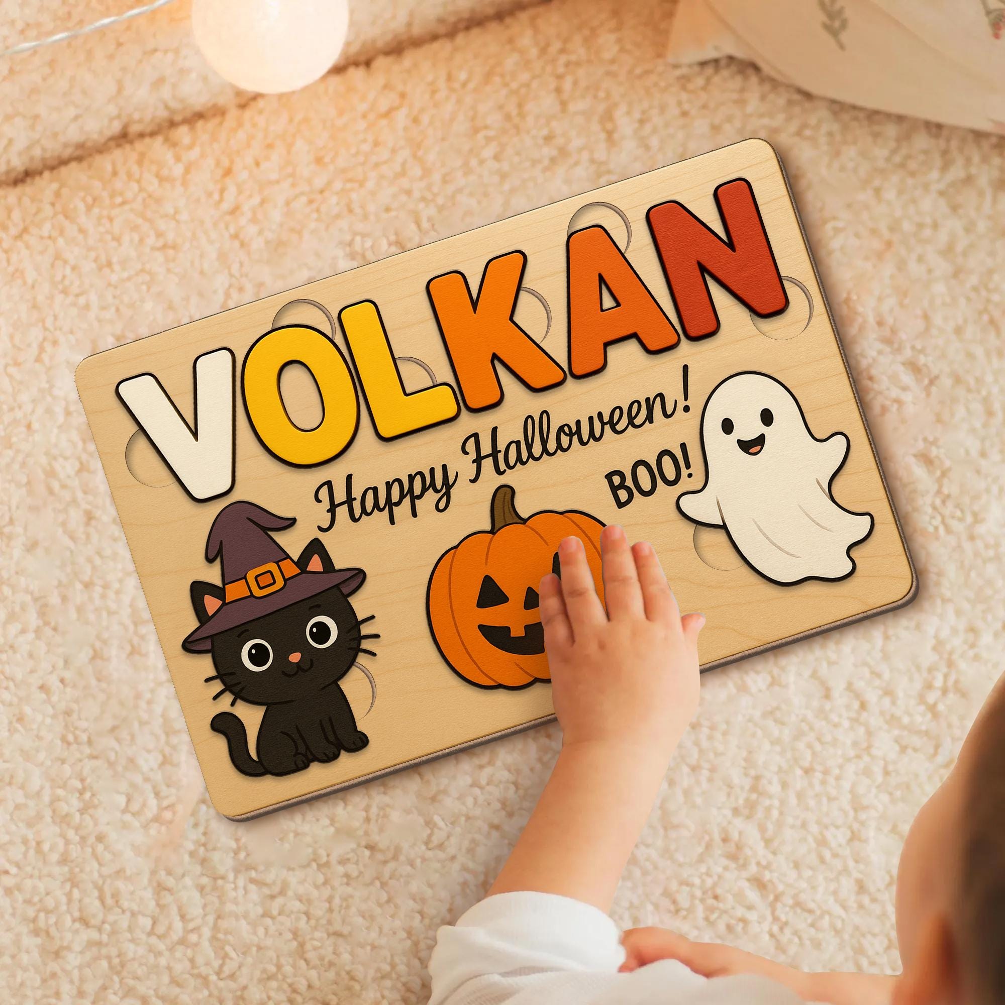 Personalized Halloween Wooden Puzzle for Kids, Custom Name Toddler Toy, Montessori Learning Gift, Pumpkin Cat Ghost Puzzle