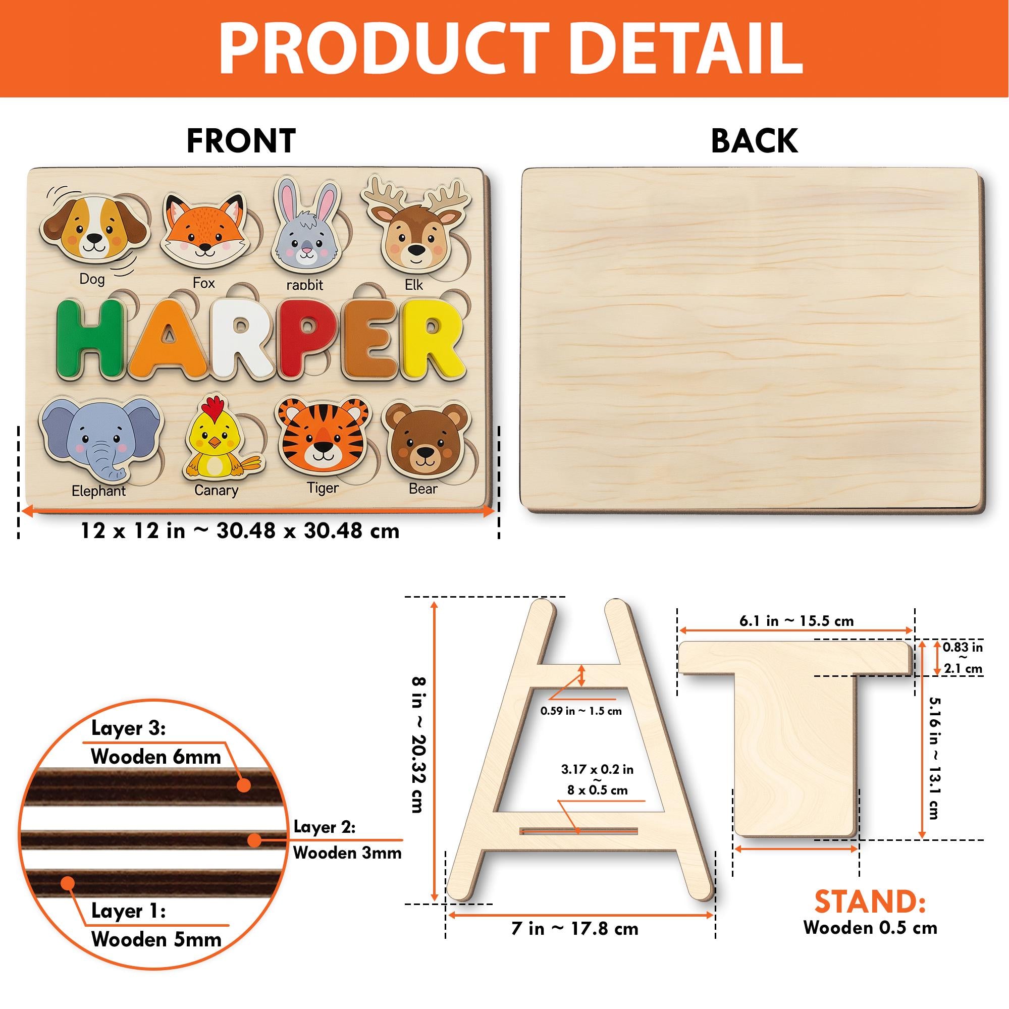 Personalized Animal Wooden Puzzle for Kids, Custom Name Montessori Toy, Toddler Learning Gift, Educational Wooden Animal Puzzle