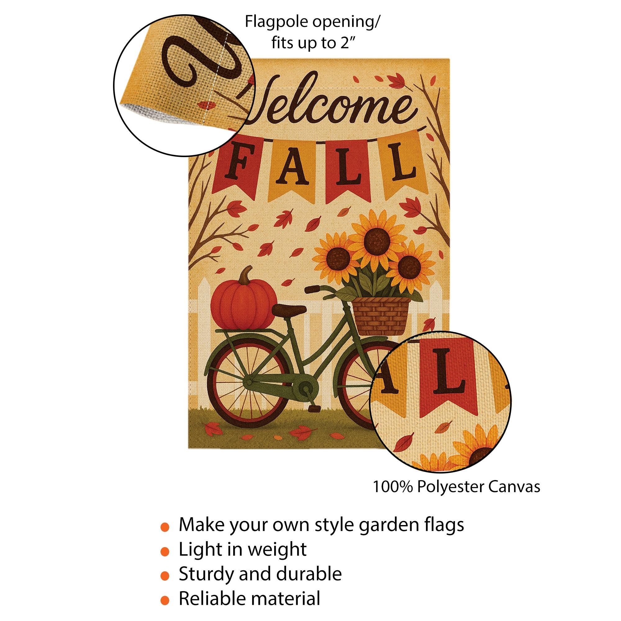 Welcome Fall Garden Flag, Autumn Outdoor Yard Decoration, Pumpkin Sunflower Bicycle Flag, Double Sided Seasonal Burlap Banner
