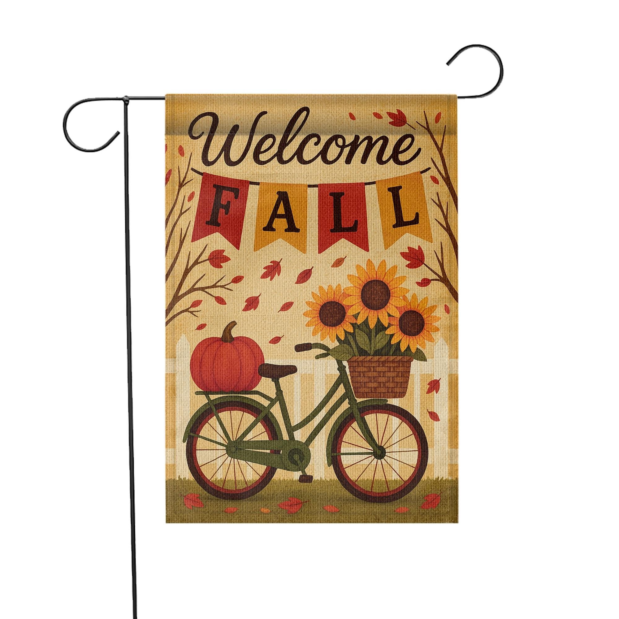 Welcome Fall Garden Flag, Autumn Outdoor Yard Decoration, Pumpkin Sunflower Bicycle Flag, Double Sided Seasonal Burlap Banner