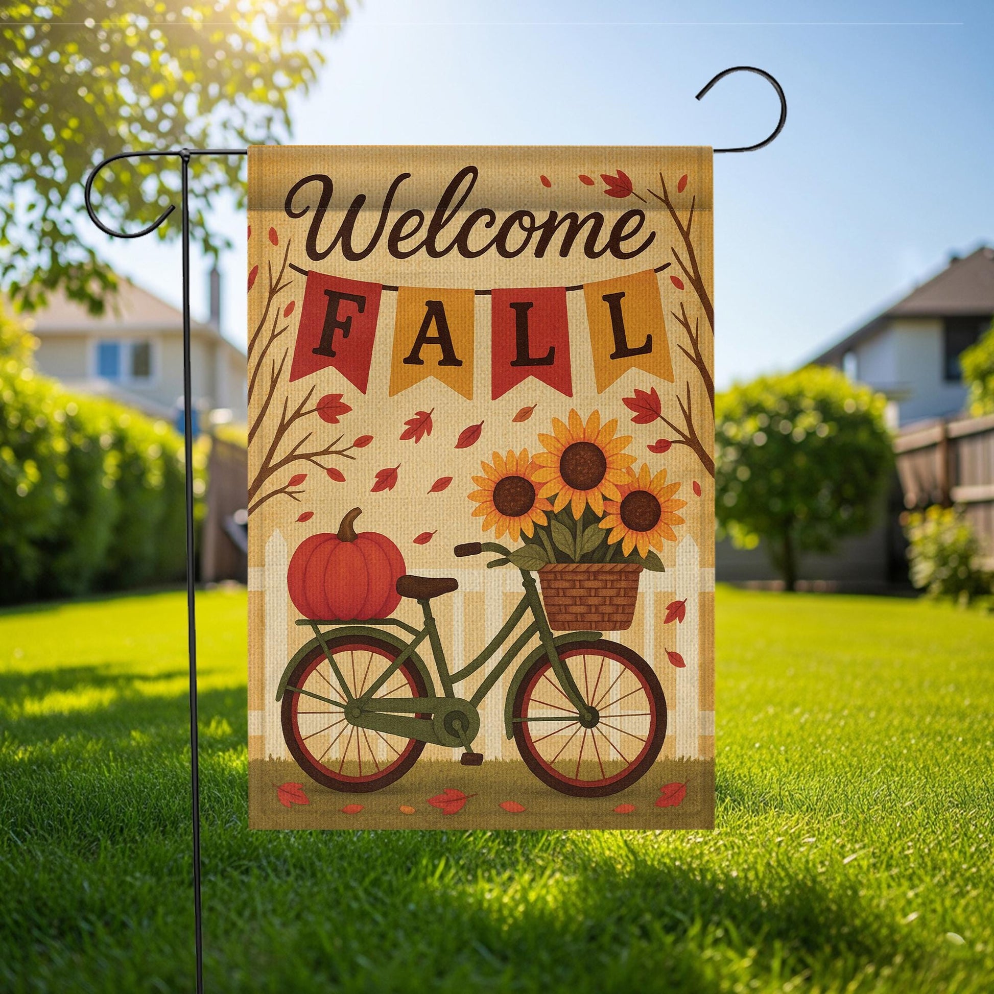 Welcome Fall Garden Flag, Autumn Outdoor Yard Decoration, Pumpkin Sunflower Bicycle Flag, Double Sided Seasonal Burlap Banner