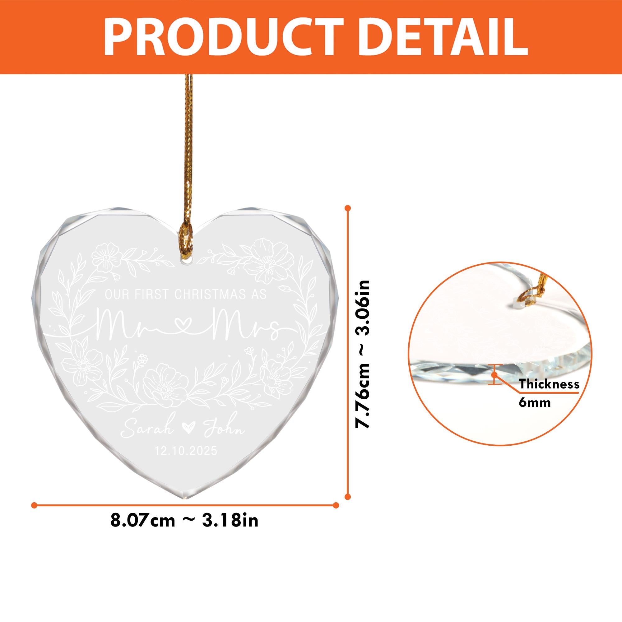 Custom Heart Glass Ornament: First Christmas, Newlywed Gift