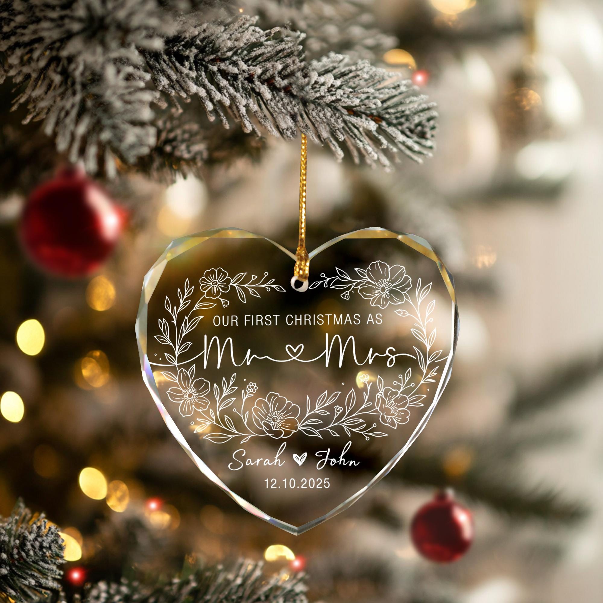 Custom Heart Glass Ornament: First Christmas, Newlywed Gift