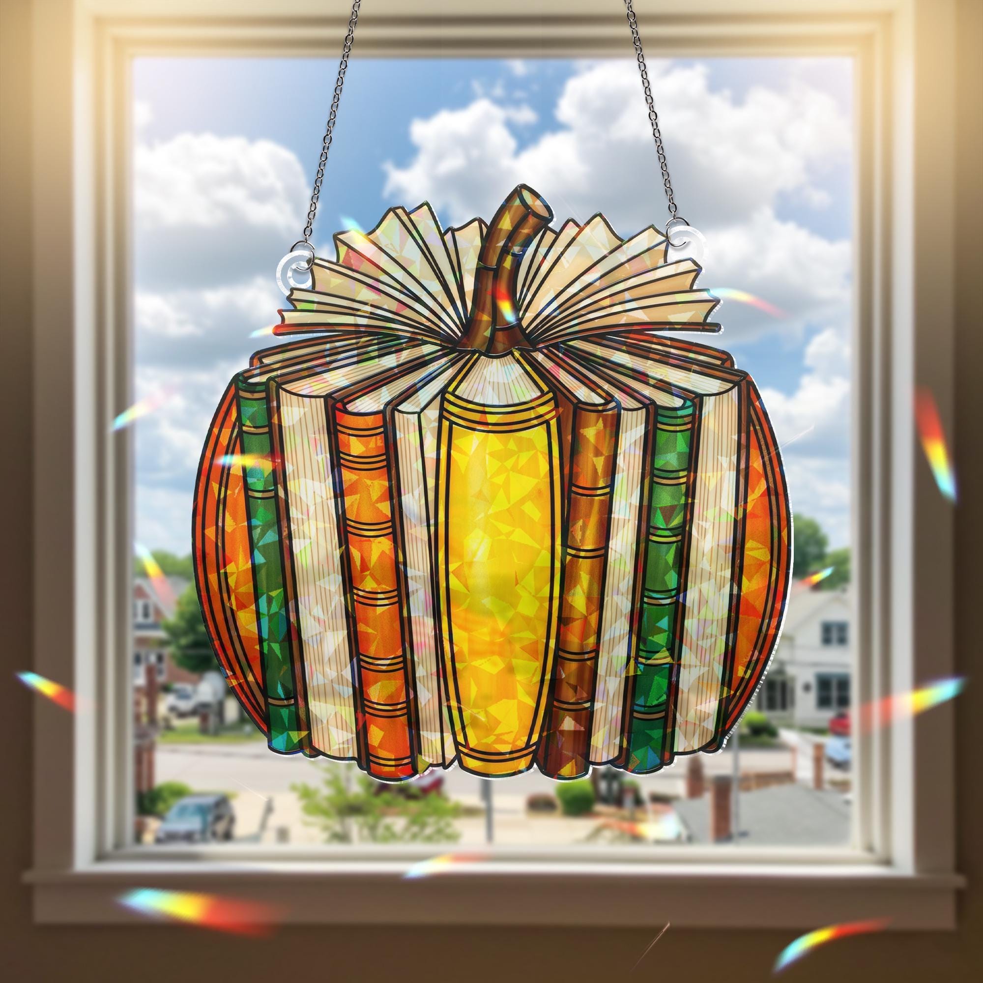 Pumpkin Book Suncatcher - Holographic Acrylic Window Hanging, Fall Reading Decor, Book Lover Gift, Autumn Pumpkin Window Art