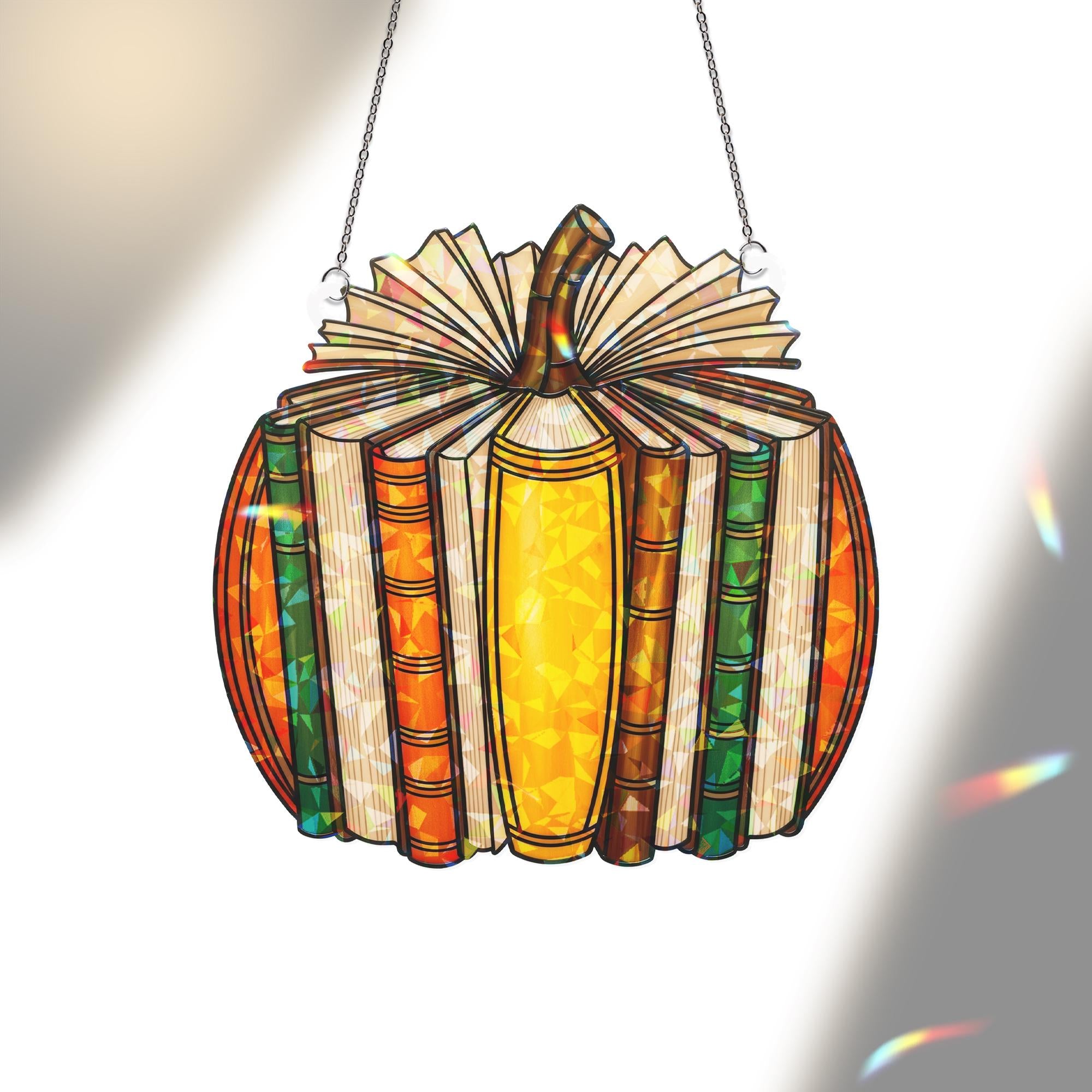 Pumpkin Book Suncatcher - Holographic Acrylic Window Hanging, Fall Reading Decor, Book Lover Gift, Autumn Pumpkin Window Art