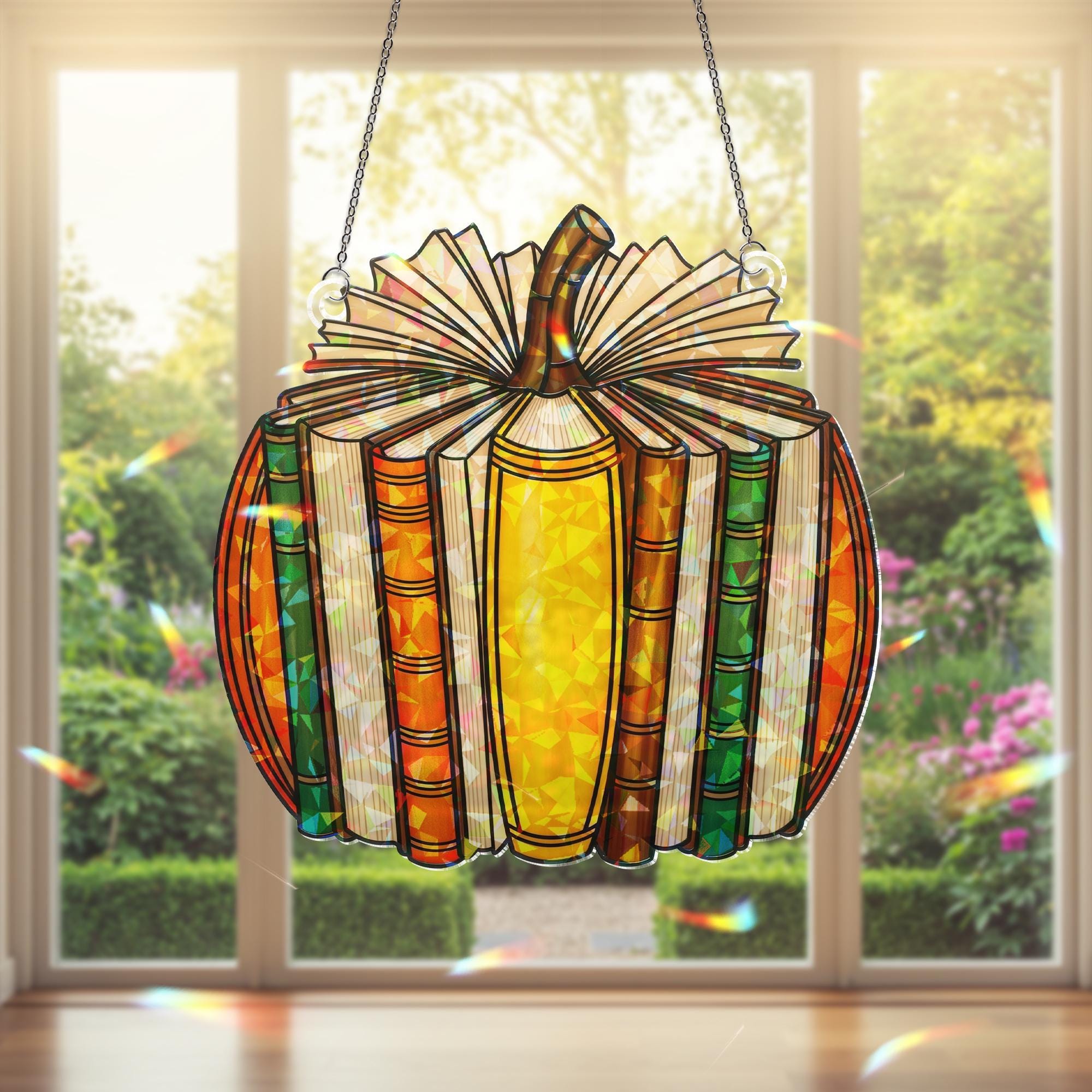 Pumpkin Book Suncatcher - Holographic Acrylic Window Hanging, Fall Reading Decor, Book Lover Gift, Autumn Pumpkin Window Art