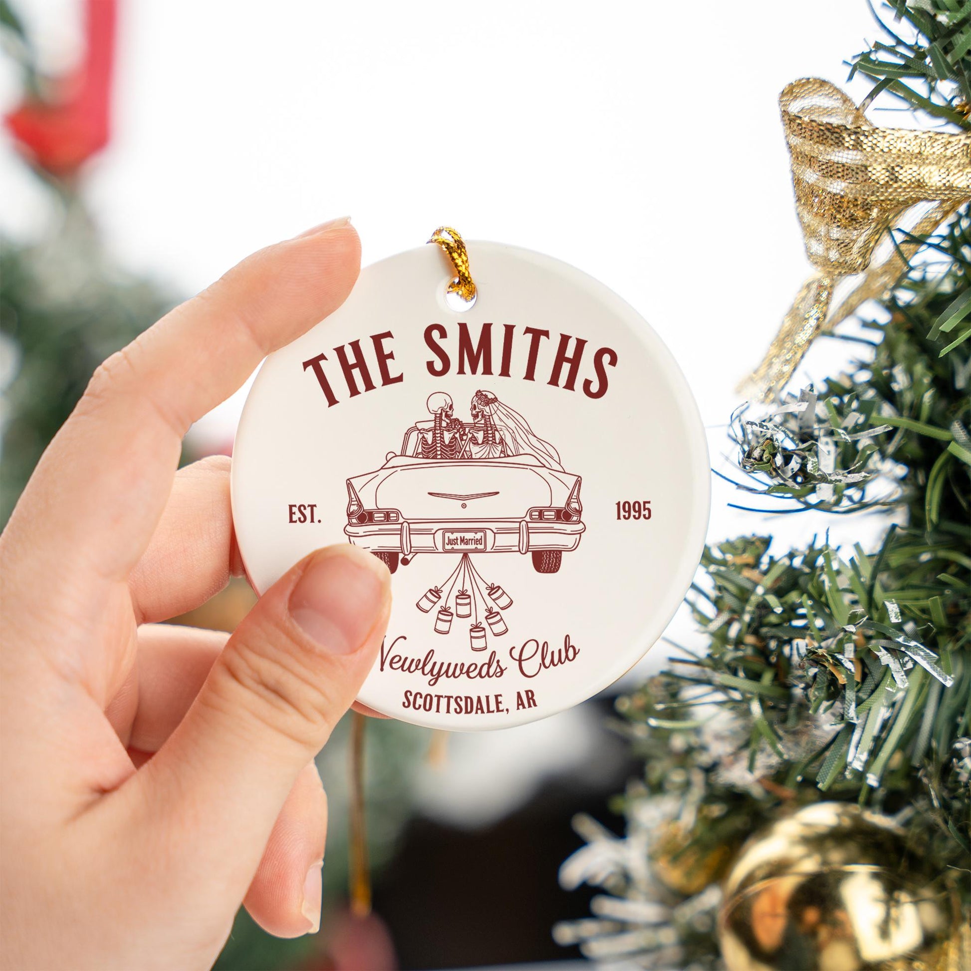 Custom Wedding Ornament Newlyweds Club | Personalized Ceramic Keepsake Gift | Just Married Skeleton Car Ornament