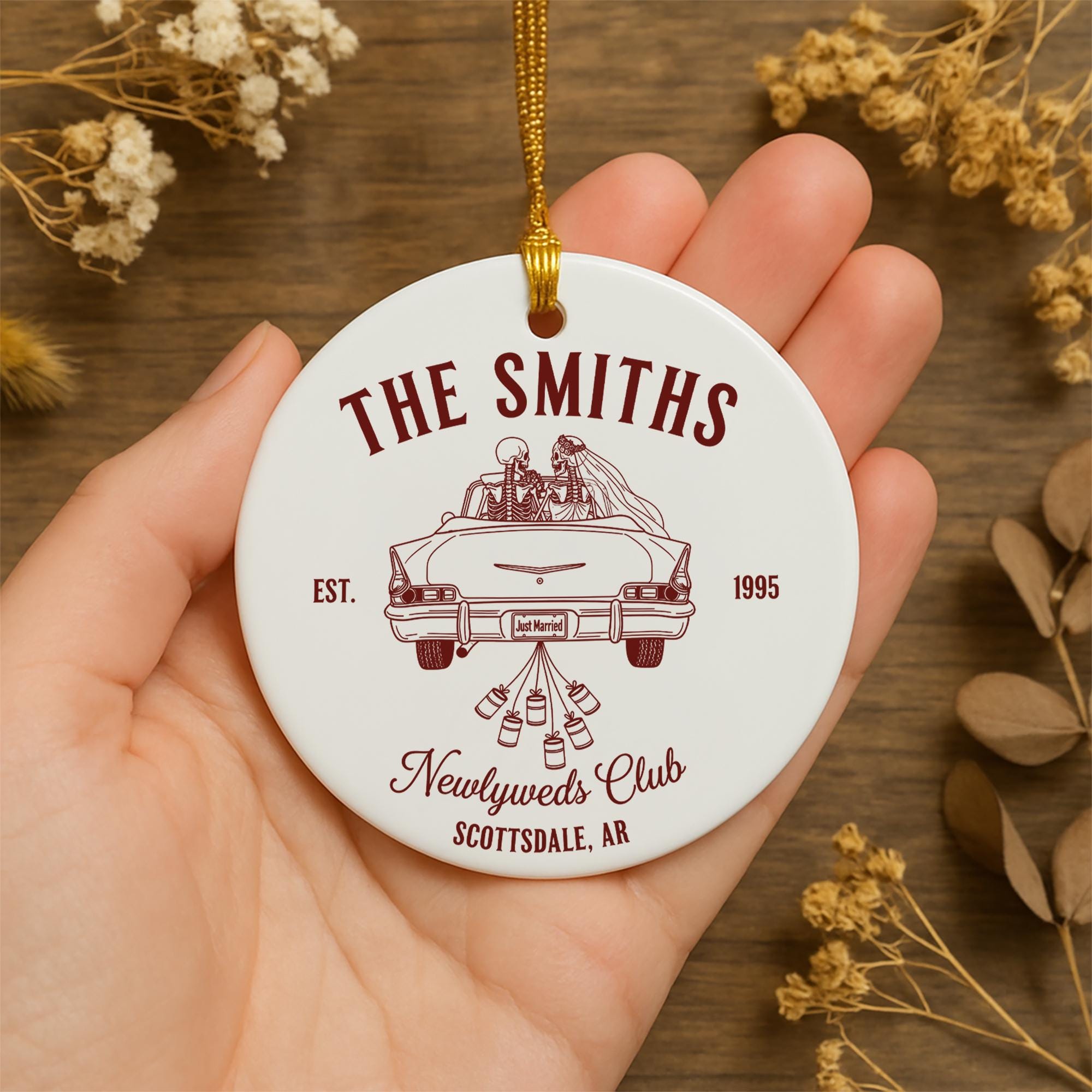 Custom Wedding Ornament Newlyweds Club | Personalized Ceramic Keepsake Gift | Just Married Skeleton Car Ornament