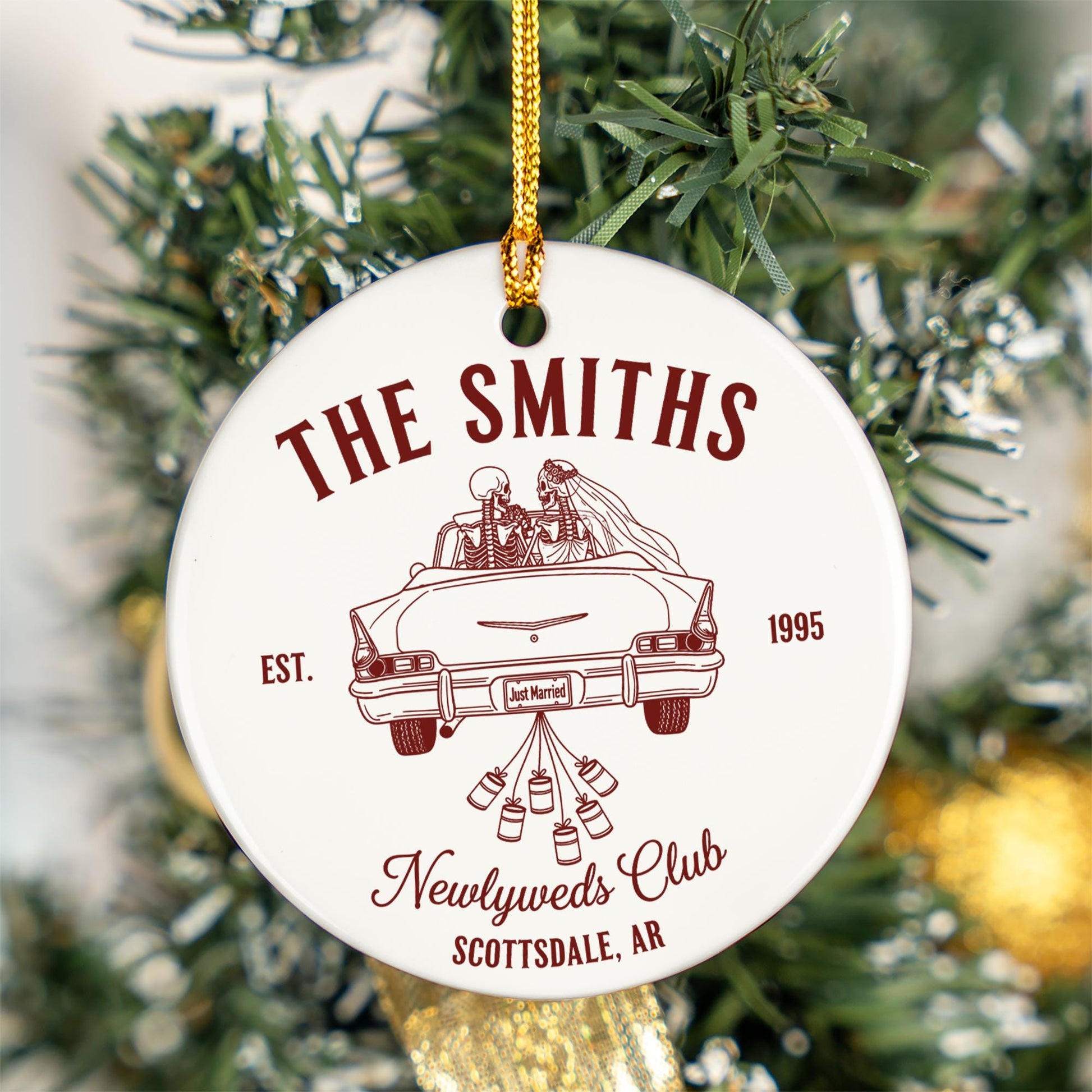 Custom Wedding Ornament Newlyweds Club | Personalized Ceramic Keepsake Gift | Just Married Skeleton Car Ornament