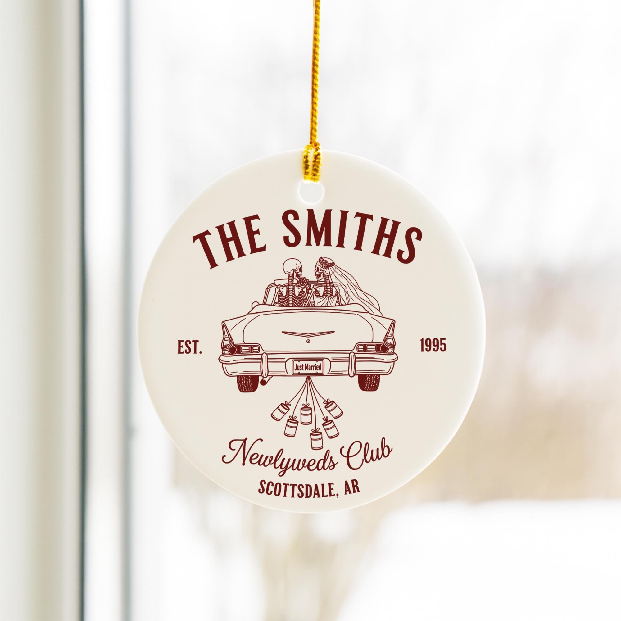 Custom Wedding Ornament Newlyweds Club | Personalized Ceramic Keepsake Gift | Just Married Skeleton Car Ornament