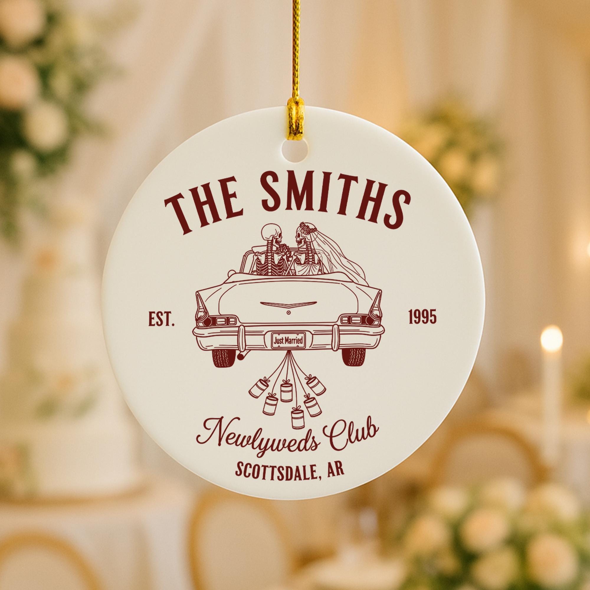 Custom Wedding Ornament Newlyweds Club | Personalized Ceramic Keepsake Gift | Just Married Skeleton Car Ornament