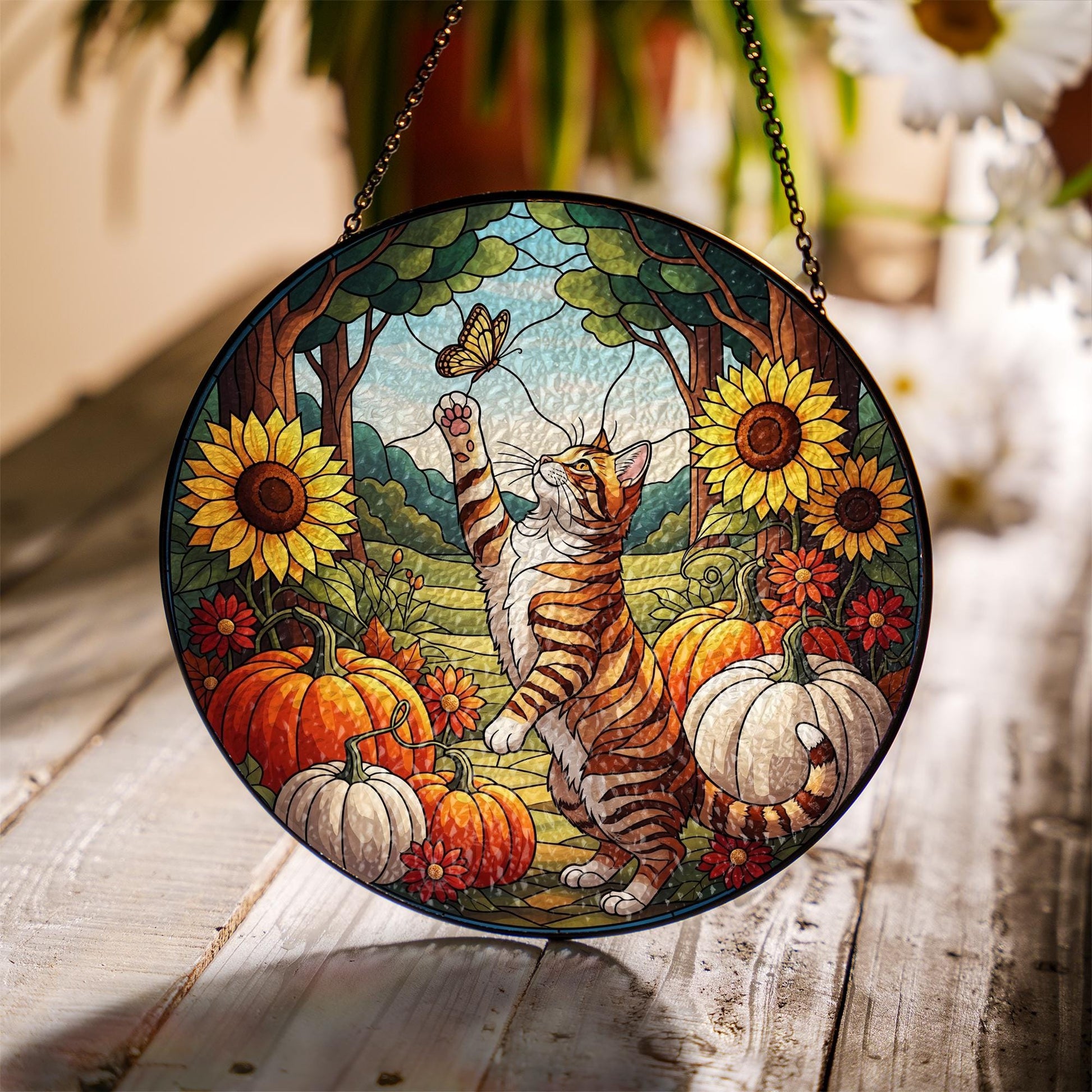 Tabby Cat Glass Suncatcher – Custom Fall Pumpkin Sunflower Glass Decor