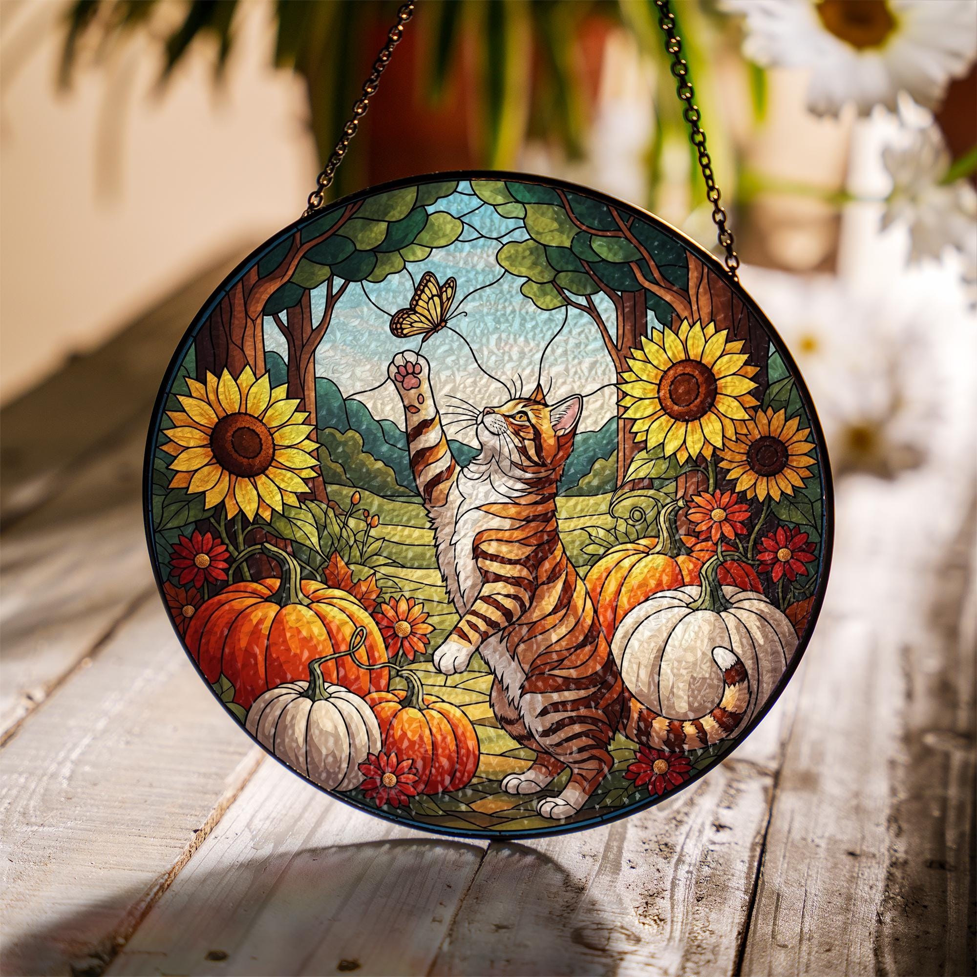 Tabby Cat Glass Suncatcher – Custom Fall Pumpkin Sunflower Glass Decor