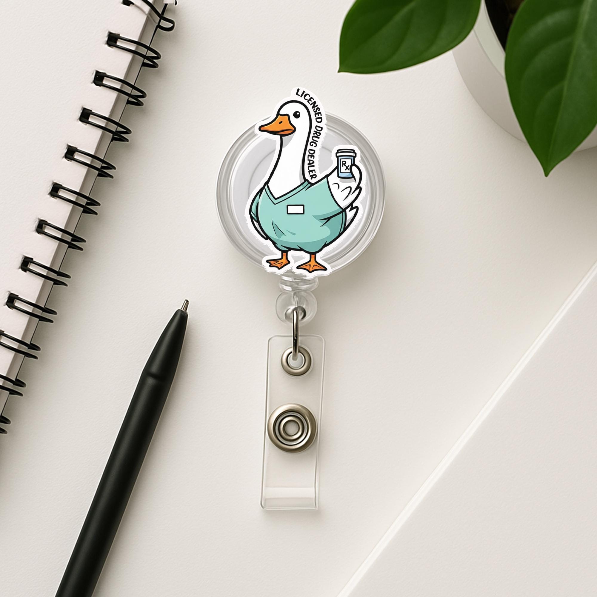 Funny Goose Badge Reel, Licensed Drug Dealer Retractable ID Holder, Nurse Pharmacist Badge Clip, Cute Animal Work Accessories