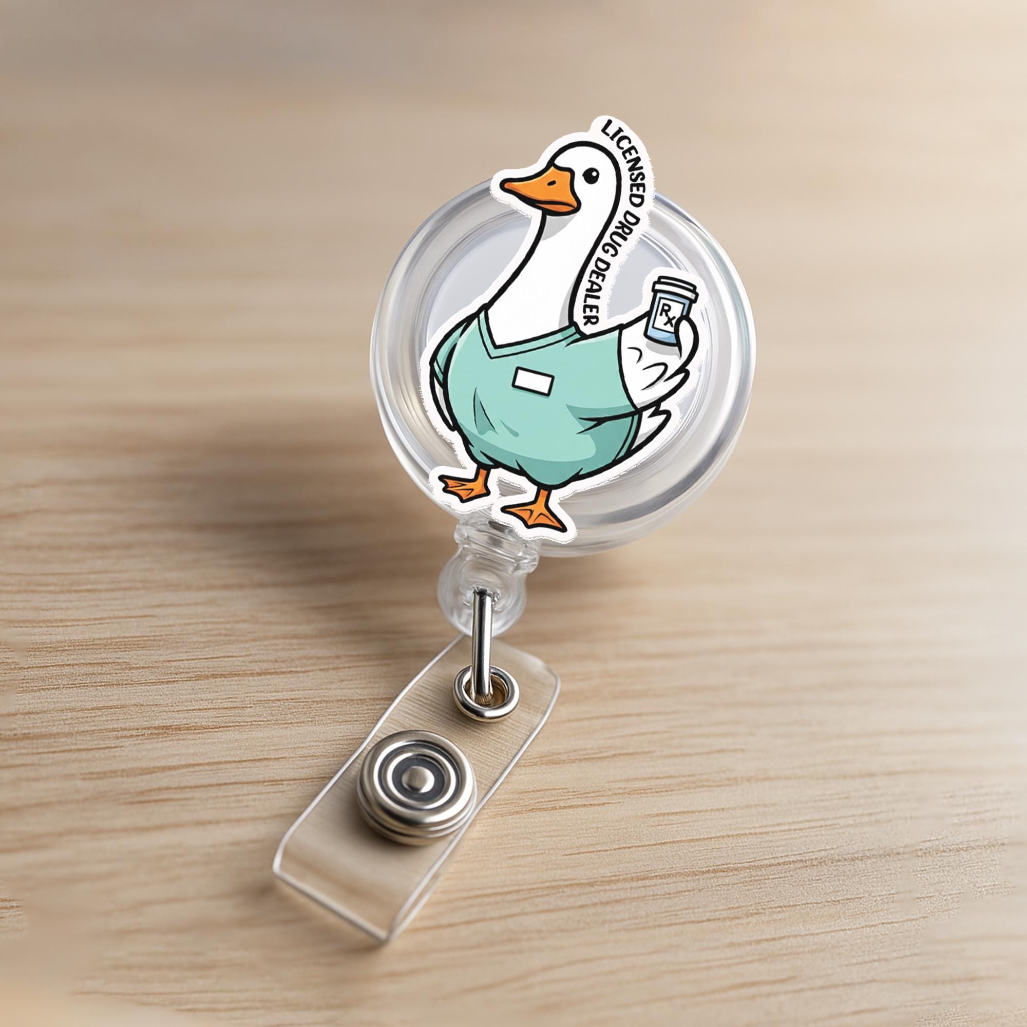 Funny Goose Badge Reel, Licensed Drug Dealer Retractable ID Holder, Nurse Pharmacist Badge Clip, Cute Animal Work Accessories