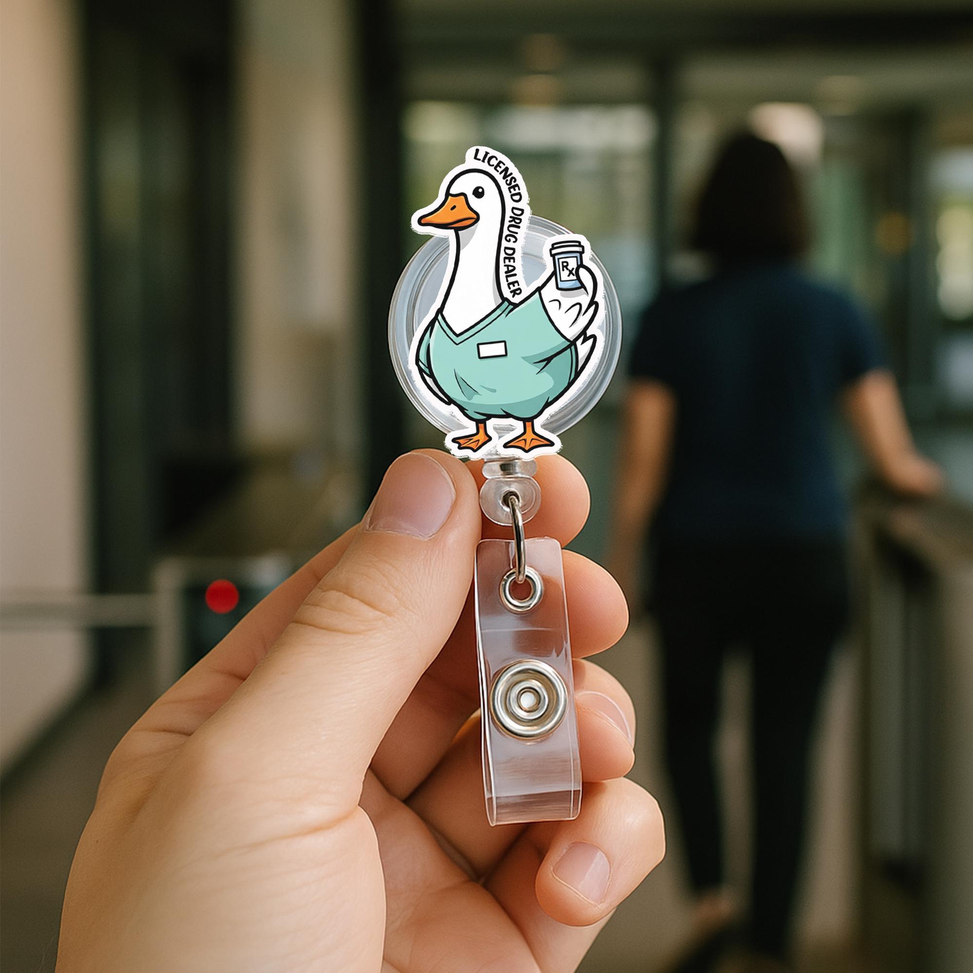 Funny Goose Badge Reel, Licensed Drug Dealer Retractable ID Holder, Nurse Pharmacist Badge Clip, Cute Animal Work Accessories