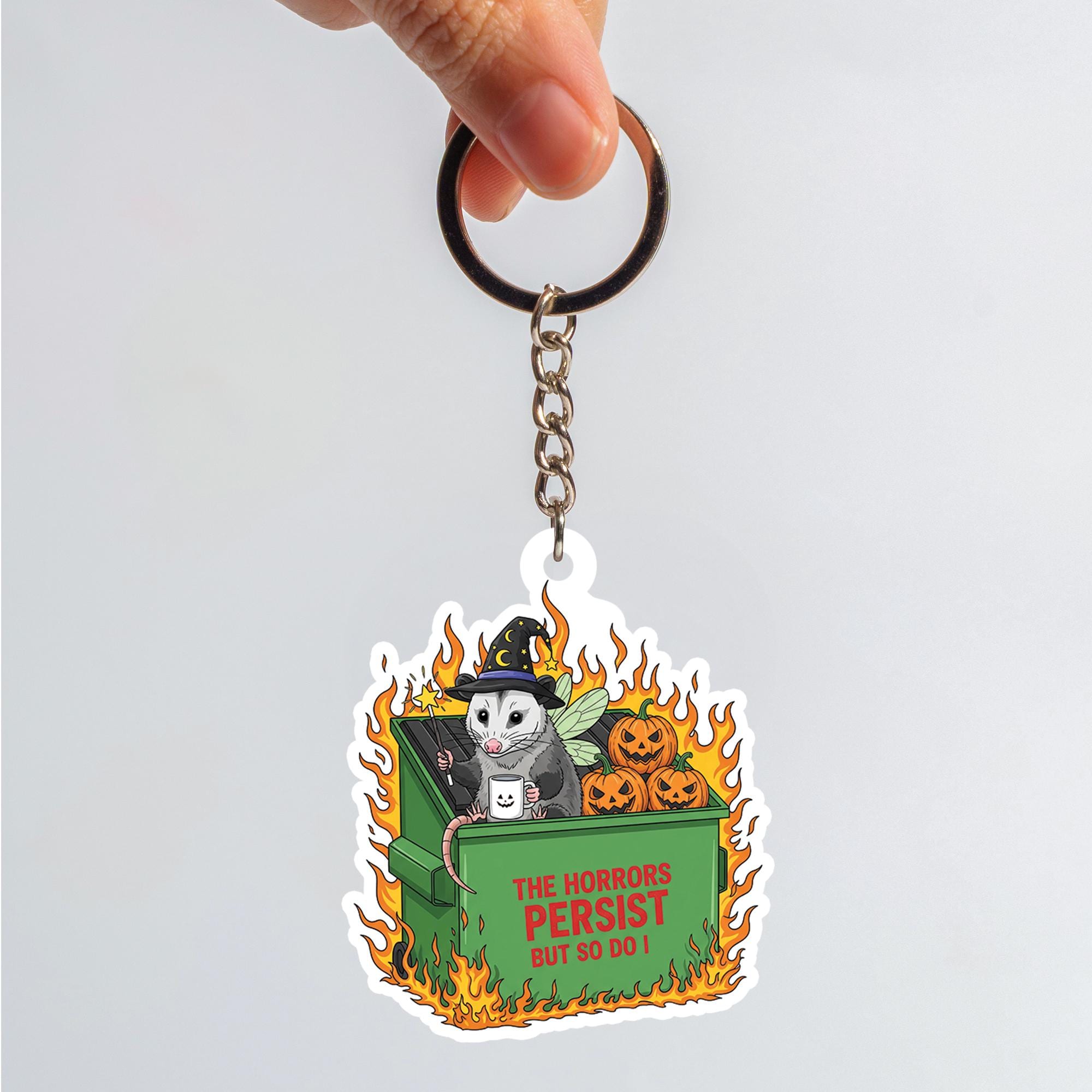 Funny Possum Keychain | Dumpster Fire Halloween Keyring | The Horrors Persist Meme Gift | Gothic Opossum Accessory | Spooky Humor