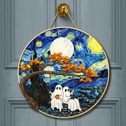 Ghost Couple Wooden Sign | Spooky Starry Night Wall Art | Halloween Home Decor | Ghosts on Swing Fall Decoration | Gothic Gift