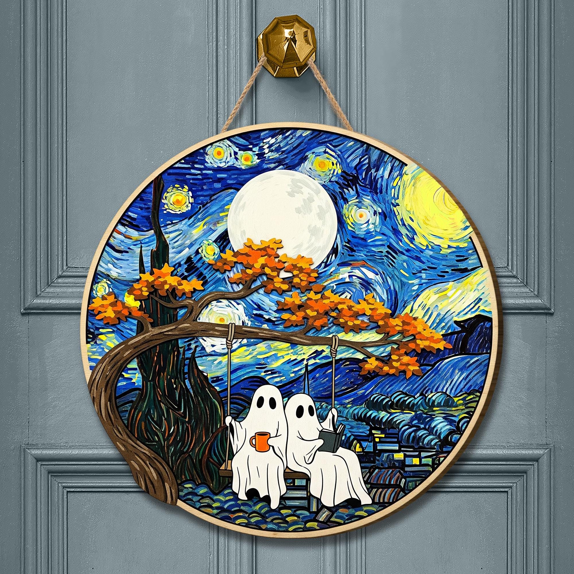 Ghost Couple Wooden Sign | Spooky Starry Night Wall Art | Halloween Home Decor | Ghosts on Swing Fall Decoration | Gothic Gift