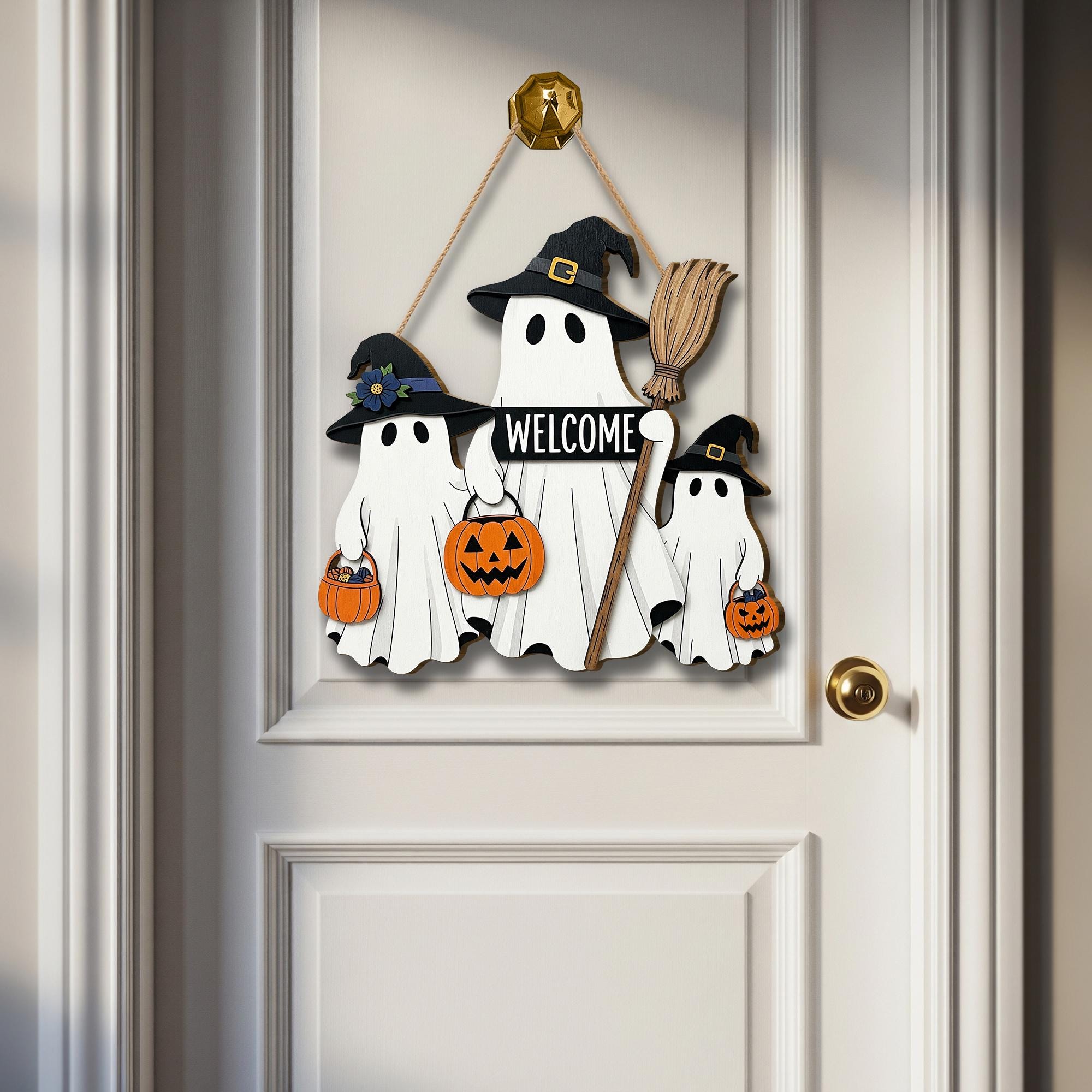 Halloween Ghost Welcome Sign | Wooden Door Hanger | Witch Hat Ghost Family Decor | Trick or Treat Porch Decoration | Spooky Gift