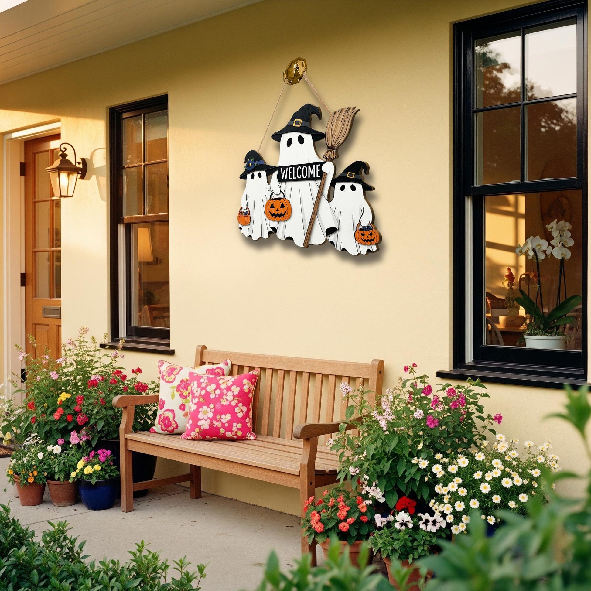 Halloween Ghost Welcome Sign | Wooden Door Hanger | Witch Hat Ghost Family Decor | Trick or Treat Porch Decoration | Spooky Gift