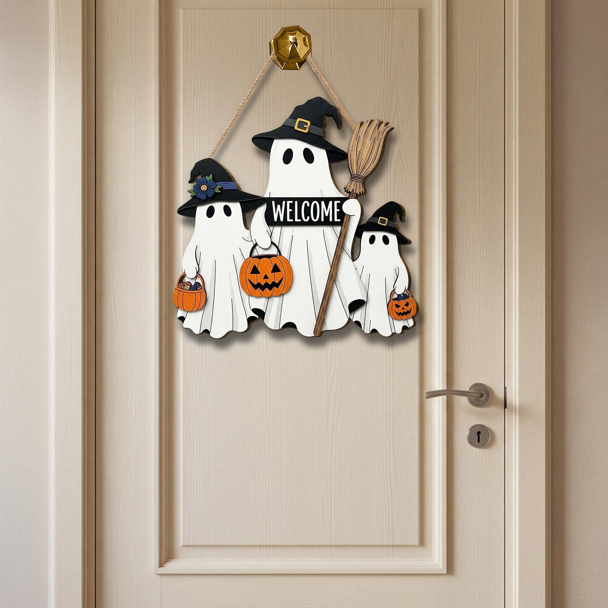 Halloween Ghost Welcome Sign | Wooden Door Hanger | Witch Hat Ghost Family Decor | Trick or Treat Porch Decoration | Spooky Gift