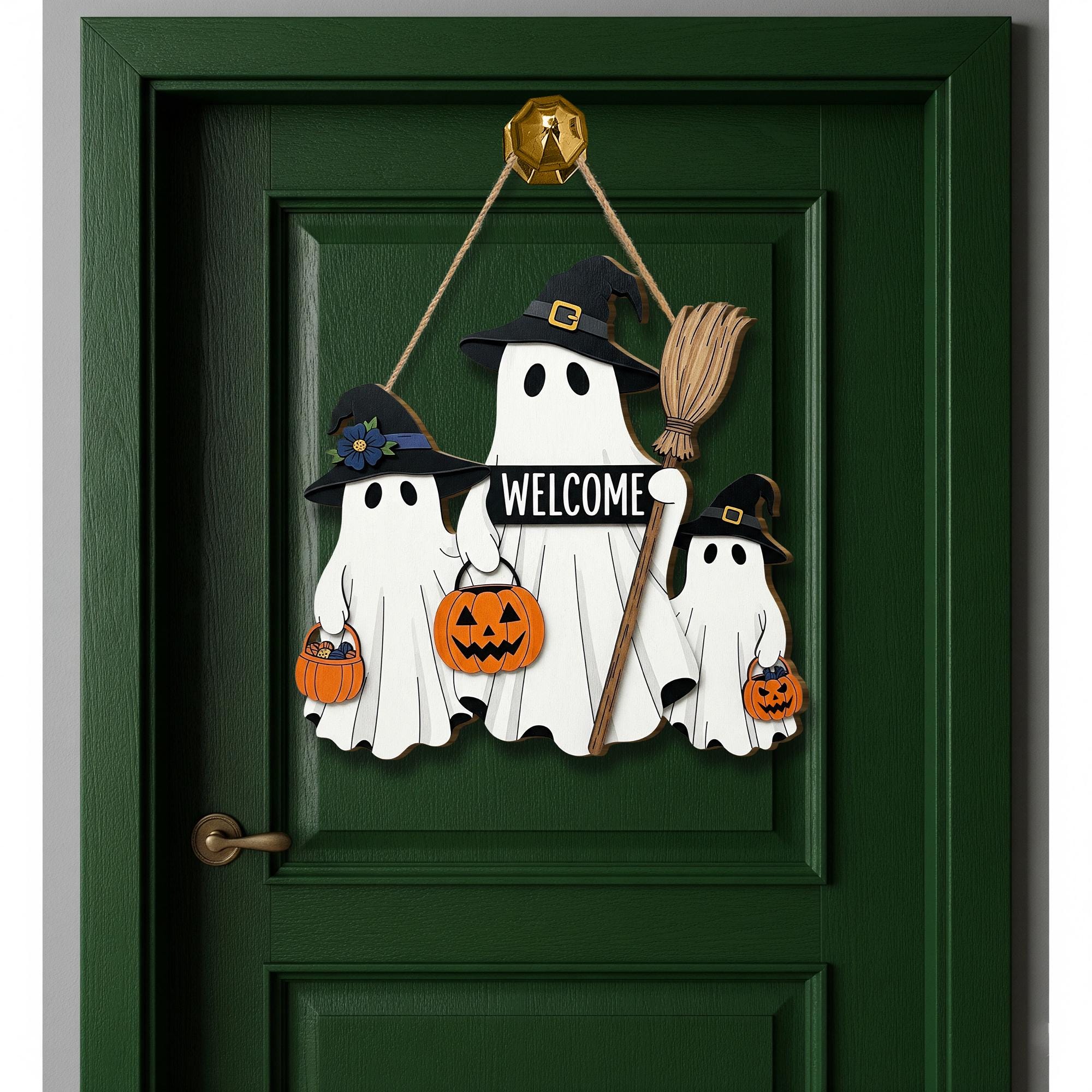 Halloween Ghost Welcome Sign | Wooden Door Hanger | Witch Hat Ghost Family Decor | Trick or Treat Porch Decoration | Spooky Gift